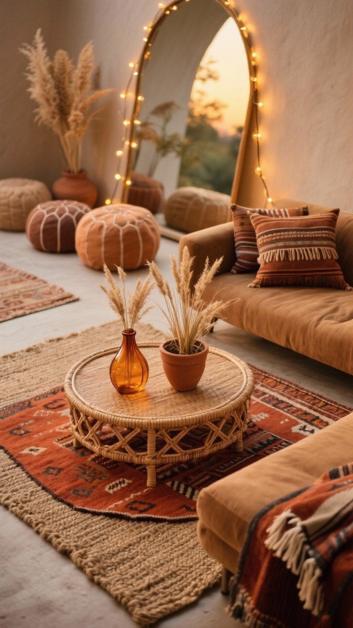 Detail shot from above (overhead), boho coffee table vignette: round rattan coffee table on layered rugs—a terracotta kilim over a larger sisal rug; amber glass vases and dried grasses; terra-cotta planters; mudcloth pillows and fringe throws visible at edge on a low camel microfiber sofa; string lights draped around a large arch mirror in background bokeh; cluster of floor poufs partially in frame; palette camel, terracotta, rust, amber; warm, golden evening glow.