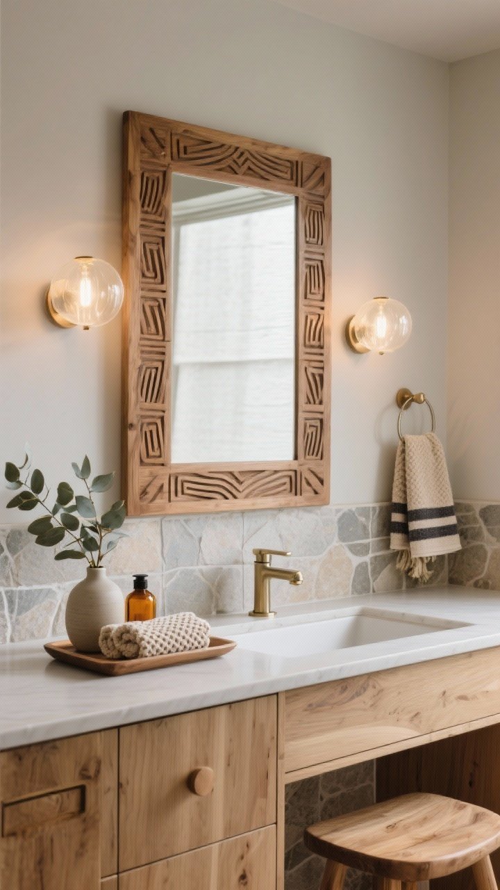 Detail shot in a Japandi-inspired bathroom: tight framing on the vanity area with light oak cabinetry, stone-look porcelain backsplash; carved teak mirror with linear, rhythmic patterns centered, flanked by frosted globe sconces casting flattering diffuse light; finishes in brushed nickel or soft brass on faucet; counters minimal—a narrow tray with amber glass bottles, single ceramic bud vase, folded waffle-weave hand towels; Turkish towels in oatmeal and charcoal stripes visible on a hook; hint of a wooden bath stool with a eucalyptus bundle at frame edge; photorealistic, spa-like calm.