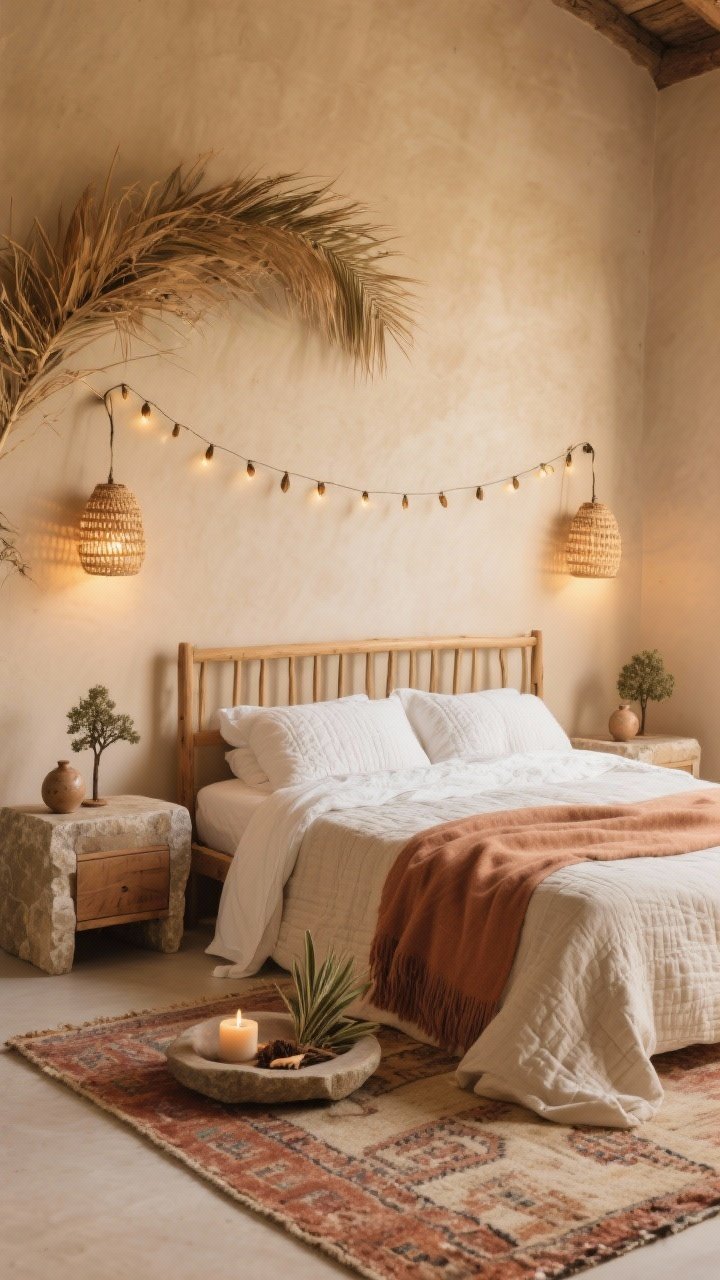 Intimate bedroom medium shot with soft golden lighting: almond walls, natural wood bed with a simple slatted headboard; bedding layered with flax linen sheets, an ivory quilt, and a clay-colored throw at the foot; delicate string of seed lights draped over a dried palm frond above the bed; woven sconces as bedside lighting casting a warm glow; stone-topped wood nightstands styled with ceramic mini trees and a palo santo dish; low-pile kilim rug in faded rust and sand; stone vessel candle with cedar, sage, and vanilla, serene and nap-ready, photorealistic.