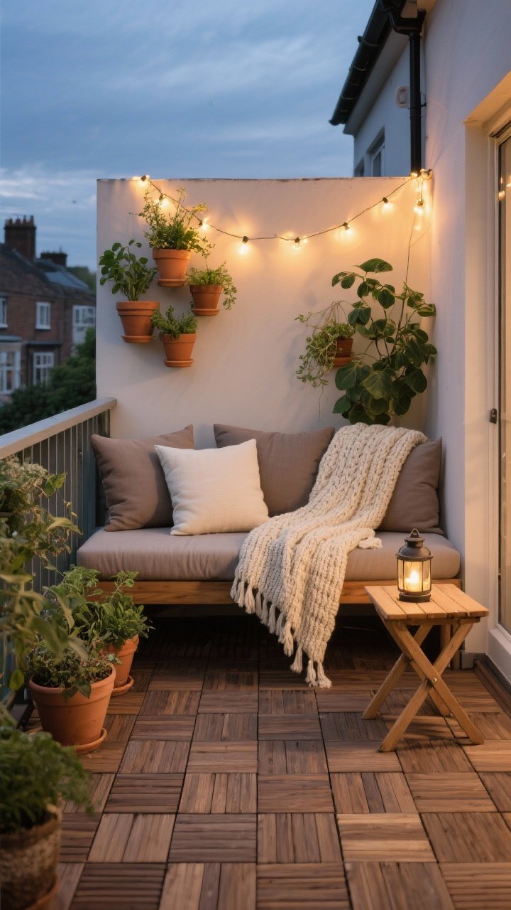 Medium balcony retreat shot: interlocking acacia deck tiles, slimline bench piled with outdoor cushions in taupe and cream, chunky knit outdoor throw draped over the back, string of warm fairy lights overhead, cluster of terracotta pots with herbs and leafy plants, a small foldable side table and a lantern; palette acacia wood, taupe, cream, leafy green; evening cozy glow.