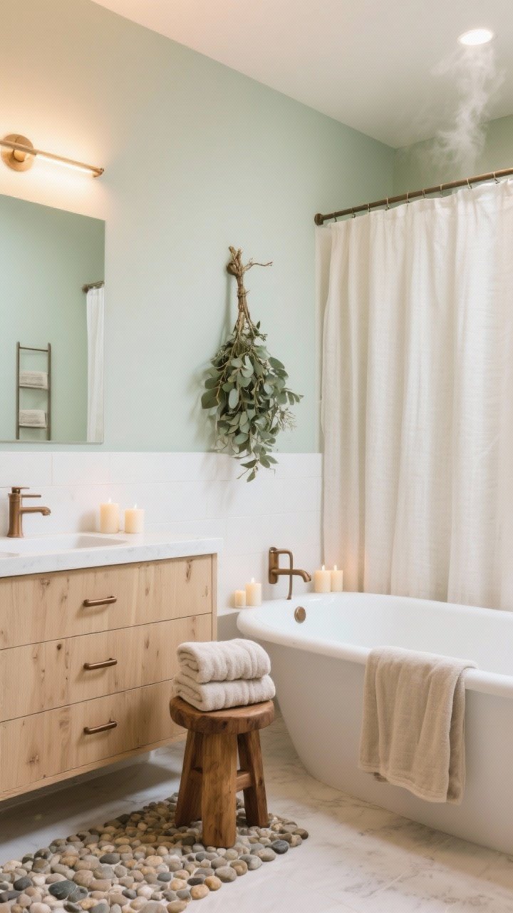 Medium bathroom scene with pale sage/off-white walls, light oak vanity with simple bronze pulls, freestanding tub with candles around it, pebbled bath mats, plush towels stacked on a wood stool, linen shower curtain, eucalyptus bundle hanging in the steam; warm 2700K dimmable LEDs for spa-like glow; palette pale sage, white, light oak, oil-rubbed bronze.