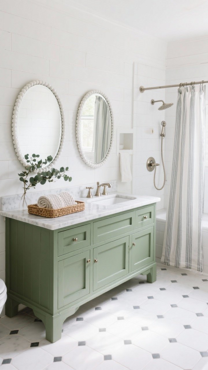 Medium bathroom view: classic cottage white walls with an olive painted vanity anchoring the space; Carrara marble counter, beaded mirrors above, polished nickel taps gleaming; white hex tile floor, subway-tiled shower with built-in niche visible; stripe cotton shower curtain, nickel hardware, rattan tray with waffle towels, a sprig of eucalyptus for freshness; bright, crisp natural light, straight-on composition.