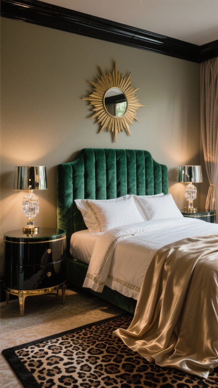 Medium bedroom vignette, photorealistic, dramatic evening lighting: Old-Hollywood Deco glamour featuring a channel-tufted velvet headboard in deep emerald, flanked by mirrored nightstands with crystal sconce lighting. Walls in warm greige with a high-gloss black picture rail. A round lacquered dresser below an oversized Art Deco sunburst mirror. Luxurious champagne silk drapes puddling on the floor and a leopard-print rug adding a bold accent. Include smoked glass and brass trim details; bedding crisp and tailored with pleated edges and satin piping.