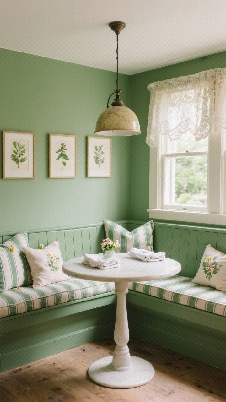 Medium breakfast nook: herb-green walls with a built-in banquette painted to match, topped with ticking-stripe seat cushions and a handful of mini floral pillows; small round pedestal table centered, lace café curtain softening morning sunlight; trio of framed herb prints on the wall, linen napkins folded on the table, schoolhouse globe pendant overhead; cozy, garden-fresh feel, corner angle.
