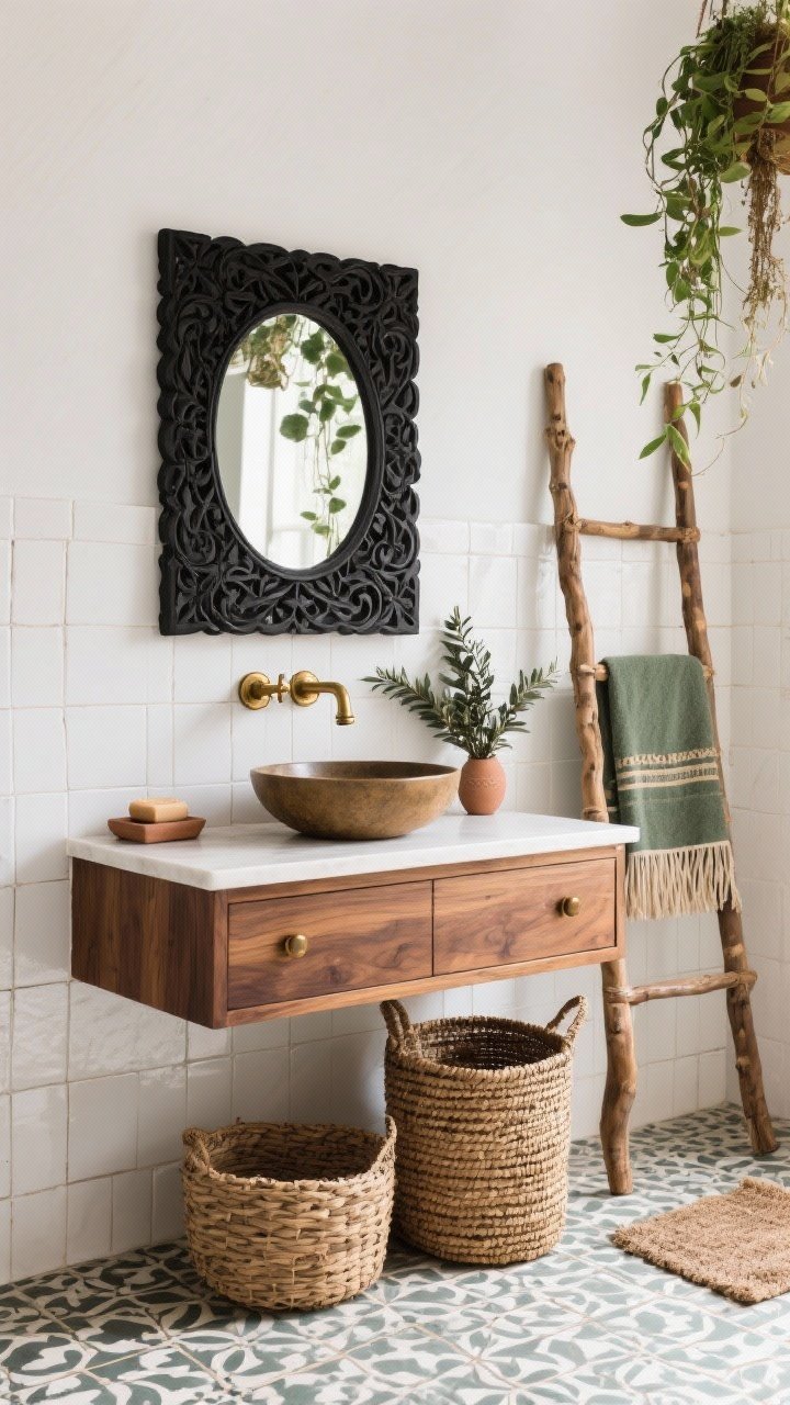 Medium closeup, straight-on vanity view: A boho luxe bathroom with soft white zellige tile walls and patterned encaustic floor. A floating natural walnut vanity with a vessel sink sits centered, topped by a Black Carved Wood Mirror creating dramatic contrast. Aged brass faucets and hardware gleam warmly. Woven baskets tuck beneath the vanity; a tall rattan hamper stands nearby. A fringed Turkish towel ladder leans to one side, with a cluster of hanging plants adding life. Finishing details: clay soap dish, eucalyptus bundle, and a footed bath mat. Palette: white, walnut, brass, sage, black accents. Photorealistic, spa-like.