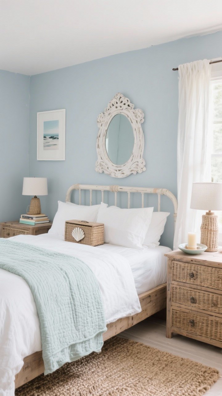 Medium, coastal-calm bedroom retreat: soft blue-gray walls; weathered oak bed dressed in white percale sheets with a pale seafoam quilt; whitewashed carved mirror above a rattan dresser bouncing gentle morning light; hand-knotted jute rug, linen curtains moving slightly; woven bedside lamps; nightstands minimally styled with a ceramic dish, coastal-scented candle, and a small stack of books; palette of whites, driftwood taupe, sea glass blues; simple coastal photography in thin white frames; shell-inlay box on the dresser; photorealistic, airy and serene.