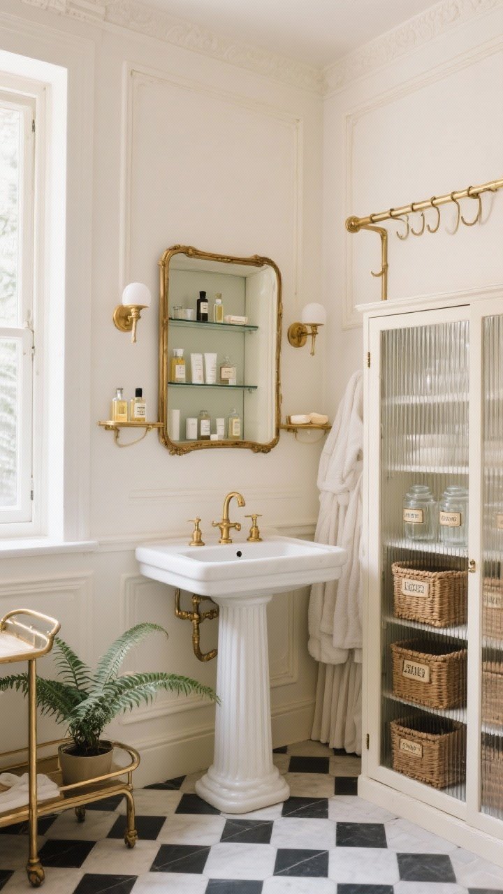 Medium corner angle: A Parisian apothecary-style bathroom with soft ivory walls featuring picture-frame molding and a tiny black-and-white hex tile floor; a pedestal sink with a brass-framed mirror cabinet above, opened slightly to reveal glass shelves of skincare; petite brass sconce shelves holding perfumes and soaps; a slim, freestanding apothecary cabinet with ribbed glass doors beside the sink, showing uniform woven baskets and clear jars with vintage-style apothecary labels; a brass over-door rack for robes visible in the background; a skirted sink with a narrow pull-out cart peeking from below; a mini fern on the window ledge; warm brass highlights and diffused daylight for elegant, old-world charm.