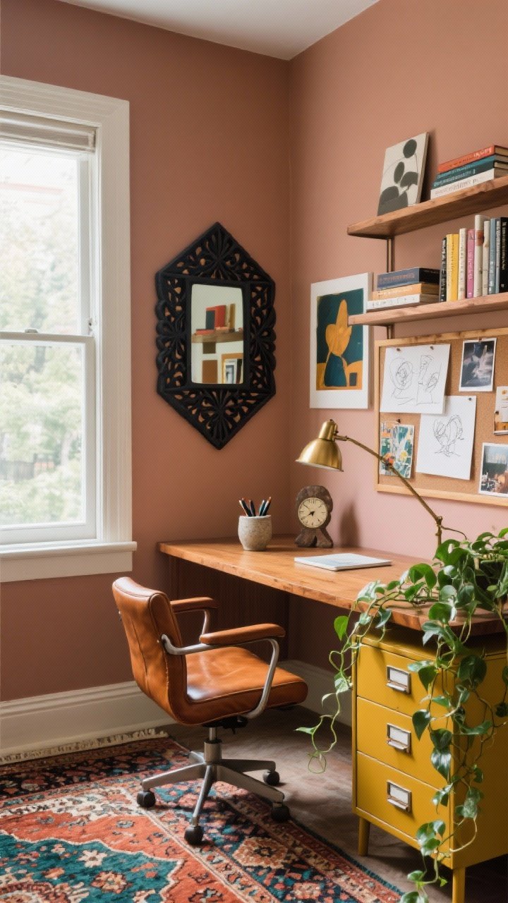 Medium corner angle, artistic eclectic home office: walls in muted clay; Persian-style rug with hints of rust and teal; vintage wood desk facing a bold hand-carved mirror with punchy black stain and angular motifs hung opposite a window to reflect natural light; mustard metal filing cabinet; open shelves with art books; pinboard layered with sketches and postcards; mid-century task chair in cognac leather; brass desk lamp, stoneware pen cup, small sculptural clock on the desk; trailing pothos softening edges; energetic, eclectic vibe; photorealistic daylight.