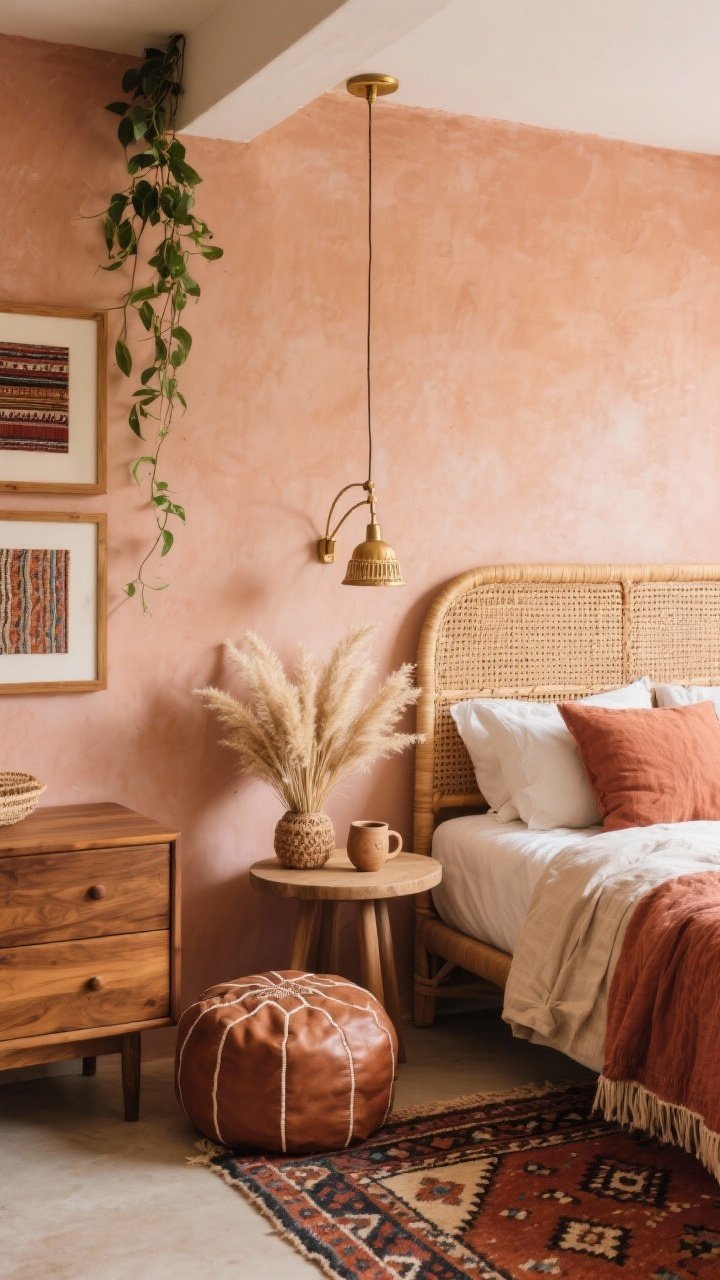 Medium corner angle, photorealistic: Earthy Boho Retreat featuring clay blush walls, a rattan/cane headboard with linen bedding in spice and sand. Patterned kilim rug partially visible. Woven pendant above and brass swing-arm lamp mounted near bed. Mango wood dresser and a round side table hold clusters of pampas grass and a hand-thrown ceramic mug; a leather pouf nearby. Framed textiles on the wall and a trailing pothos adding greenery, sun-baked tones throughout.