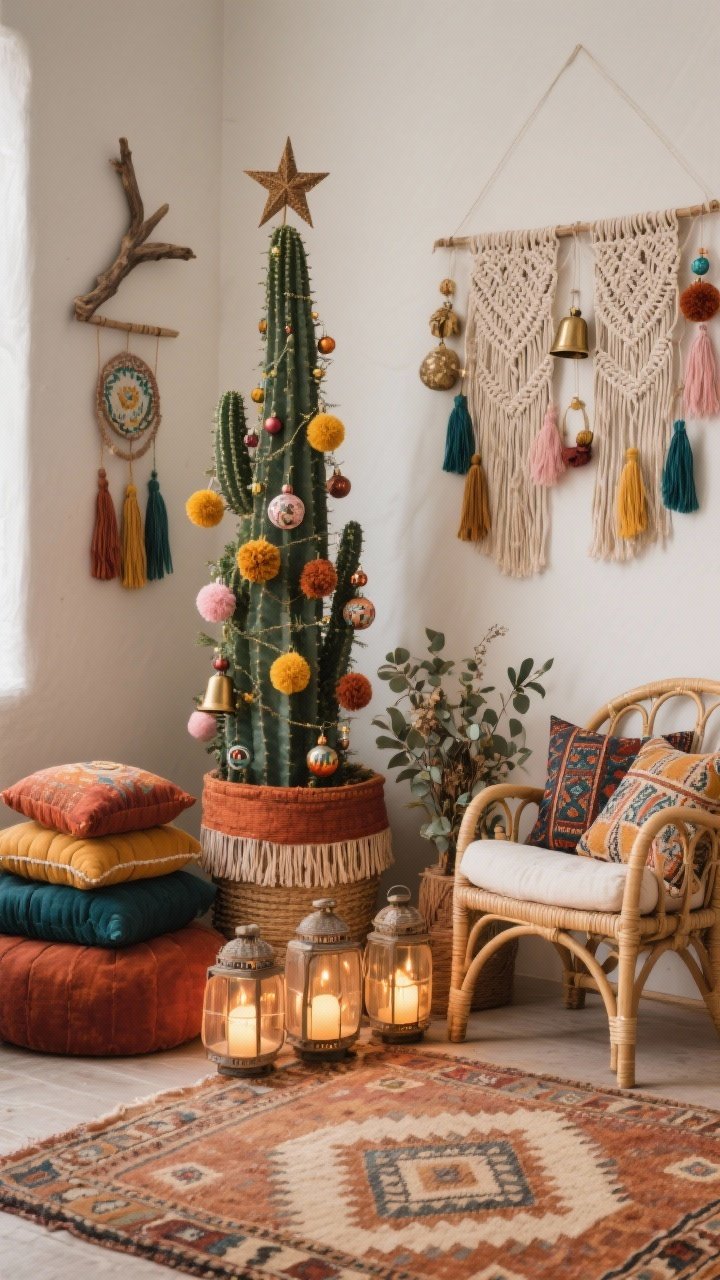 Medium corner shot of a cozy boho holiday nook: a medium-height cactus Christmas tree in a woven basket with a fringed tree skirt peeking out; rich colors of rust, turmeric, deep teal, and dusty rose; ornaments of tassels, pom-poms, brass bells, and hand-painted baubles; rattan lounge chair layered with Moroccan pillows; vintage Berber rug in warm neutrals with geometric pattern; macramé wall hanging, stacked floor cushions, and a small bundle of dried eucalyptus; floor-level lantern cluster casting soft ambient glow; driftwood star topper; intimate, tactile, welcoming, no people, photorealistic.