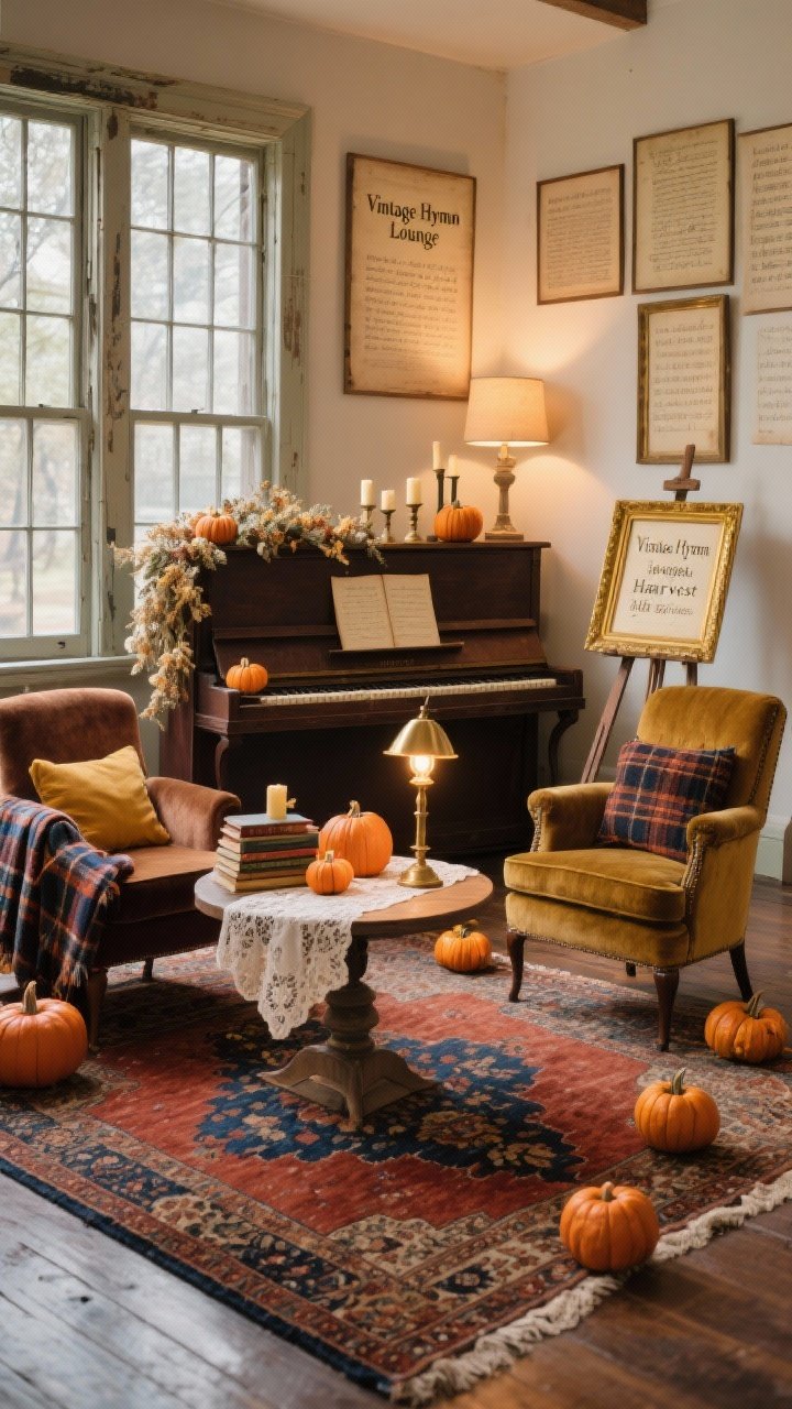 Medium, cozy vignette shot, straight-on, of “Vintage Hymn Harvest Lounge”: Persian-style rug in rust and indigo anchoring a pair of vintage armchairs; small round table with lace runner, stacked hymnals, and a brass lamp (LED bulb) casting warm practical light; backdrop of antique window frames and a gallery of sepia hymn lyric prints; an old upright piano as the center focal dressed with mini pumpkins, candlesticks, and a dried floral swag; plaid throws over chair backs, velvet pumpkins scattered, and a gold-framed scripture on an easel; lighting as soft spotlights with a gentle vignette; palette of rust, navy, mustard, walnut, cream; photorealistic nostalgic warmth.