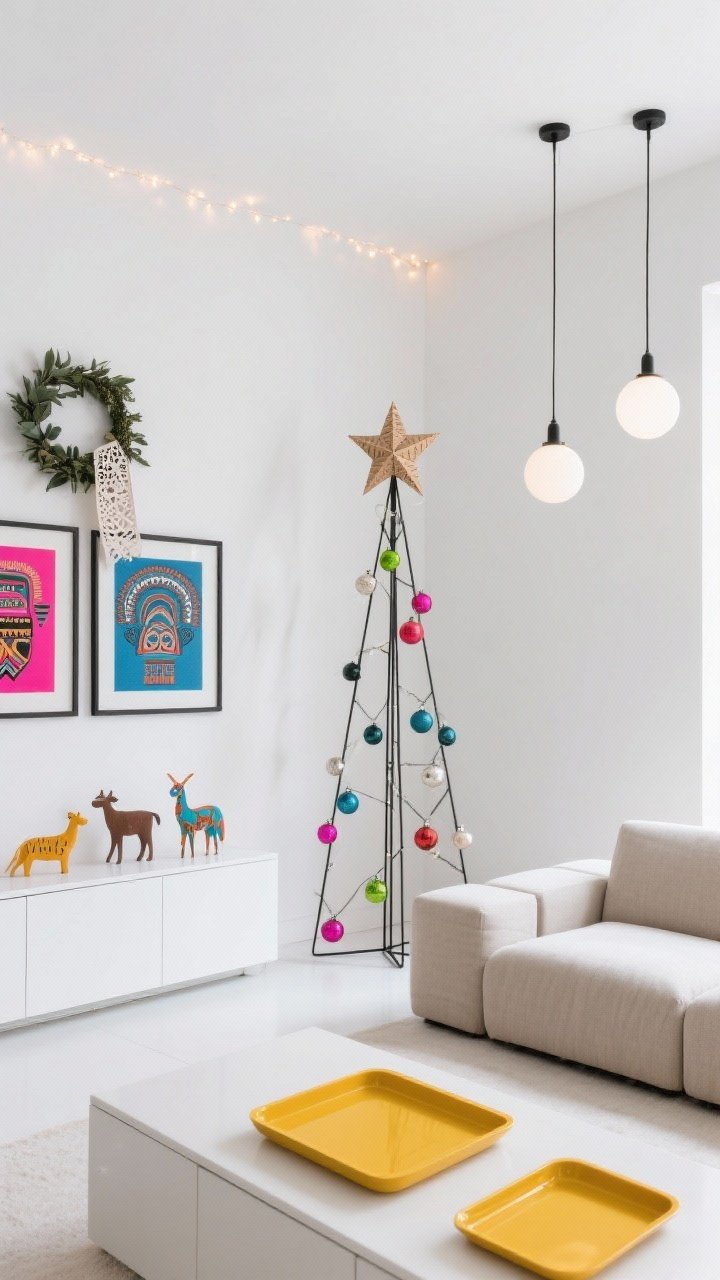 Medium, minimalist white living space with sharp lines: crisp white walls, low-profile modular sofa in neutral fabric. A slim black metal Christmas tree stands sculptural in the corner, decorated with matte ornaments in saturated brights and a few hand-painted animal figures. Over a sleek credenza, a simple eucalyptus wreath with a papel picado ribbon tail. Framed Otomí-inspired prints in hot pink, cobalt, and marigold; lacquered trays; a single oversized papier-mâché star as a focal accent. Lighting is minimalist globe pendants paired with warm fairy lights for softness. Clean surfaces, negative space, photorealistic.