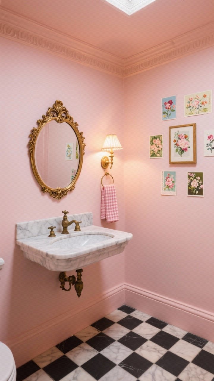 Medium powder room: a jewel-box space with powdery blush rose paint on walls and ceiling, marble-top vanity with aged brass faucet, ornate gilded mirror above; floral sconce shade casting warm glow, tiny gingham hand towels, checkerboard tile floor in view; a small gallery of floral art postcards on the wall, intimate drama, straight-on view.