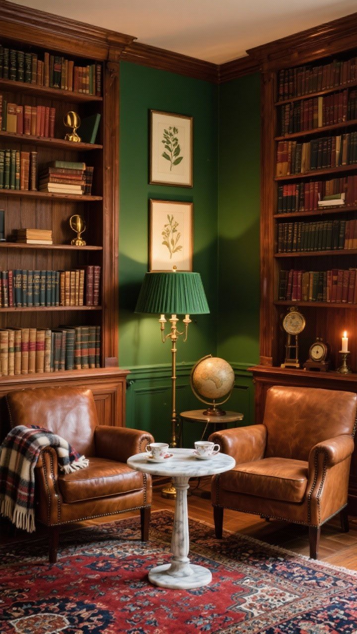 Medium reading nook, photorealistic, warm layered lighting: An English library corner wrapped in floor-to-ceiling warm mahogany bookshelves styled with stacked hardcovers, brass bookends, and framed botanical prints. Walls not shelved painted deep bottle green. Two tobacco-brown leather club chairs face a small marble-top pedestal table set for tea. A Persian rug in ruby and navy anchors the floor. Lighting includes a green-shaded banker’s lamp, a fabric drum floor lamp, and candlelight glow. Accents include a plaid wool throw, a globe on a stand, and an antique clock.