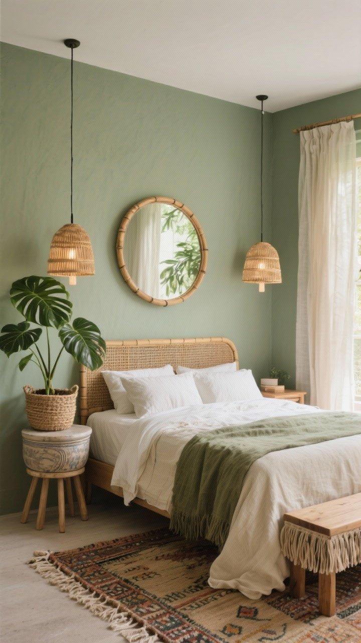 Medium shot, bedroom: A round bamboo mirror above a low cane headboard against a muted sage green wall; mismatched bedside tables—one ceramic drum table, one slim wooden stool—with pendants in rattan shades hung low as night lights; stonewashed linen bedding in cream and olive; gauzy curtains filtering morning light; a leafy monstera in a woven basket planter; flatweave Moroccan rug underfoot; a fringed bench at the foot of the bed; serene botanical boho vibe, photorealistic.