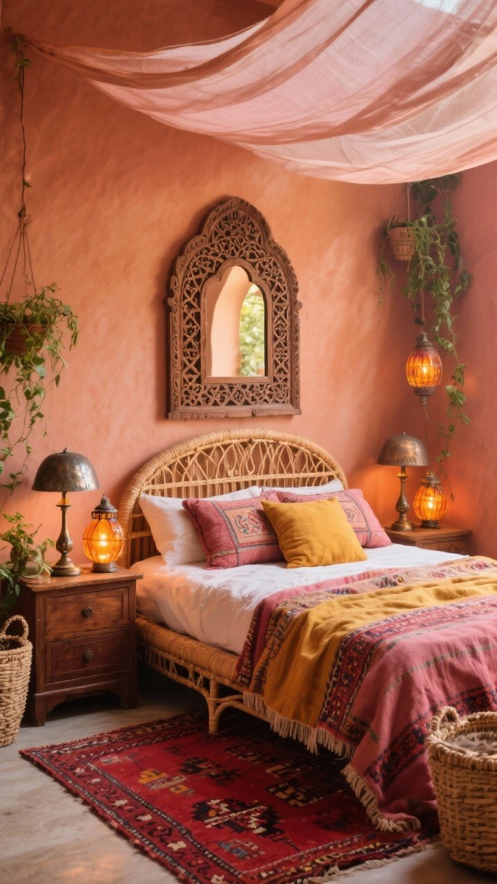 Medium shot, bohemian bedroom: A rattan bed with rounded corners dressed in a mudcloth duvet, embroidered pillows, and a low kilim rug in sun-washed reds and saffron. Above a carved bedside chest, a walnut Moorish-arch carved wood mirror with intricate latticework reflects warm ambient light. Hammered-metal nightstand lamps, woven baskets, trailing plants, and lanterns with warm amber glass; sheer canopy draped casually overhead. Palette of terracotta, saffron, clay pink, walnut. Photorealistic, corner-angle view.