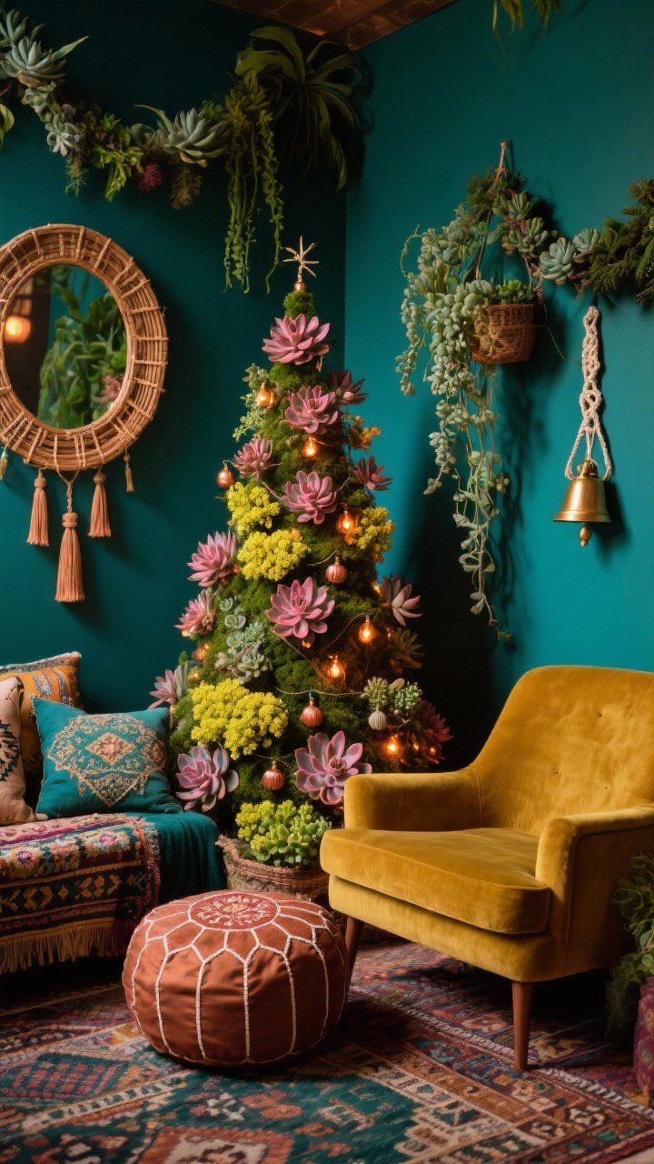 Medium shot, Boho Jungle Den With Jewel Tones: deep teal accent wall, velvet mustard armchair, low Moroccan pouf, layered kilim rugs and embroidered pillows; the eclectic Succulent Christmas Tree with rosy-tipped graptopetalum, chartreuse sedum, kalanchoe bursts nestled in moss, wrapped in warm copper lights with tiny tassel ornaments; rattan mirror, macramé plant hangers, brass bell garland; trailing succulents draping like a living garland; moody, warm ambient lighting; photographed from a low angle toward the corner to emphasize lush layers and jewel tones.