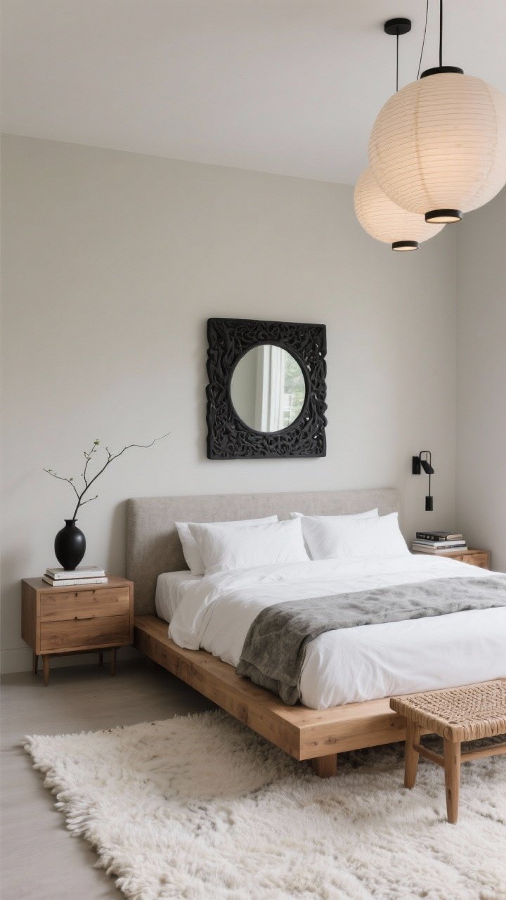 Medium shot, calm straight-on composition: A Japandi bedroom with soft greige walls, a low-profile natural oak platform bed, and stone-and-white linen bedding. The Black Carved Wood Mirror is mounted over a minimal floating dresser, adding earthy texture. Paper lantern pendants provide soft ambient light, with a slim matte-black reading sconce at the bedside. Underfoot, a wool loop rug in ivory. Finishing touches: a single branch in a black bud vase, low stack of books on the dresser, and a woven bench at the foot of the bed. Palette: greige, natural oak, ivory, matte black. Photorealistic, serene.