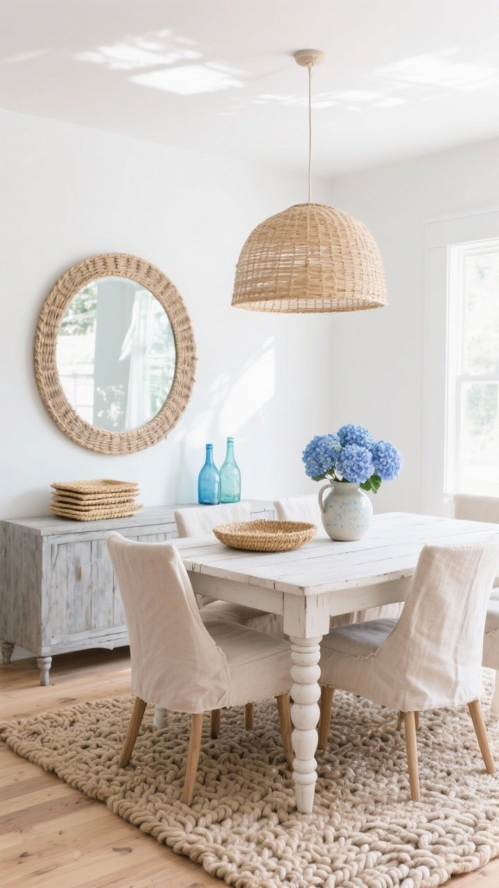 Medium shot, Coastal Light and Layered Neutrals: round rattan-framed mirror on a white wall catching dappled daylight; whitewashed wood table with spindle legs, surrounded by slipcovered chairs in sandy linen; woven dome pendant overhead adding soft beachy texture; light oak flooring with a chunky knotted wool rug; accents of stacked seagrass trays, a ceramic pitcher with blue hydrangeas, and sea-glass blue bottles on a sideboard; palette white, sand, driftwood gray, sea-glass blue; bright natural light, breezy and airy mood, slight corner perspective.