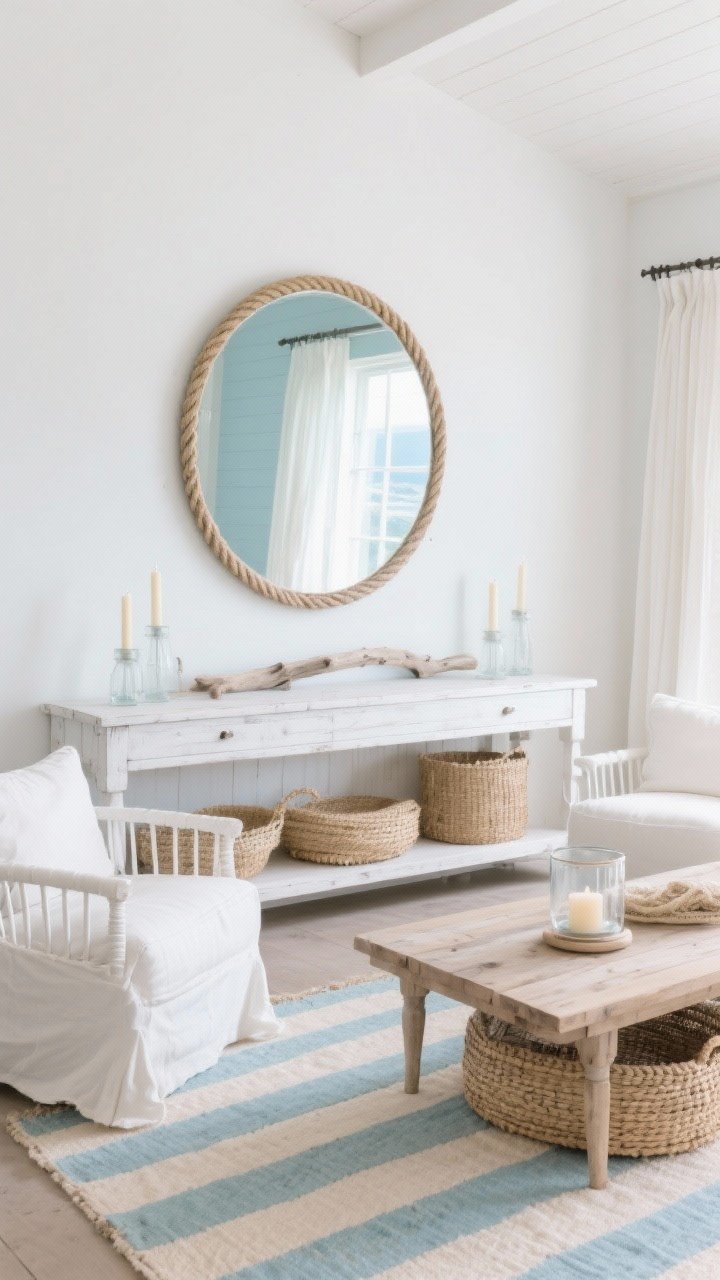 Medium shot, Coastal minimal console wall: an oversized round mirror with rope trim above a whitewashed console reflecting gauzy white curtains and bright coastal light; slipcovered loveseat in white, spindle accent chairs, cerused oak coffee table; layered textures of linen, seagrass, and rattan; a striped rug in soft blue and sand underfoot, glass hurricanes with pillar candles on the console; palette of soft blue, sand, white, driftwood; breezy, photorealistic, angled perspective.