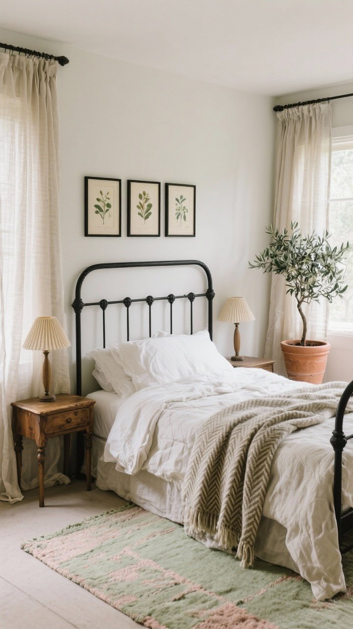 Medium shot, corner angle: A cloud-soft bedroom featuring a black iron canopy bed dressed in stonewashed linen layers—ivory sheets, mushroom duvet, and a crumpled herringbone wool throw at the foot. Antiqued wood nightstands on each side with petite pleated sconce shades in warm ivory above. A hand-knotted rug in pale sage and faded blush grounds the scene. A single olive tree in a terra-cotta pot beside the window. Sheer flax curtains layered under blackout linen panels. Slim black frames with a trio of vintage botanical prints on the wall. Colors: ivory, mushroom, sage, charcoal. Soft, diffused morning light.