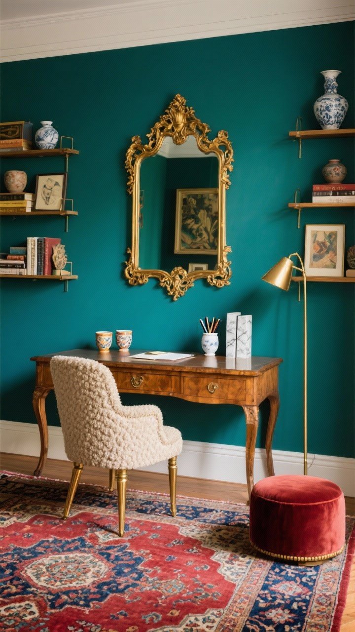 Medium shot, eclectic study: A rich teal wall with a baroque gilt carved mirror over a vintage writing desk. On the desk: ceramic pen cups and marble bookends, with art and pottery on nearby shelves. A boucle desk chair with brass legs in front, a slim brass floor lamp to the side. A Persian-style rug anchors the floor with ruby and indigo tones; a tiny velvet ottoman adds a pop of luxe at the feet. Palette of teal, gold, ruby, indigo, bone white; warm layered lighting. Photorealistic, corner-angle composition.