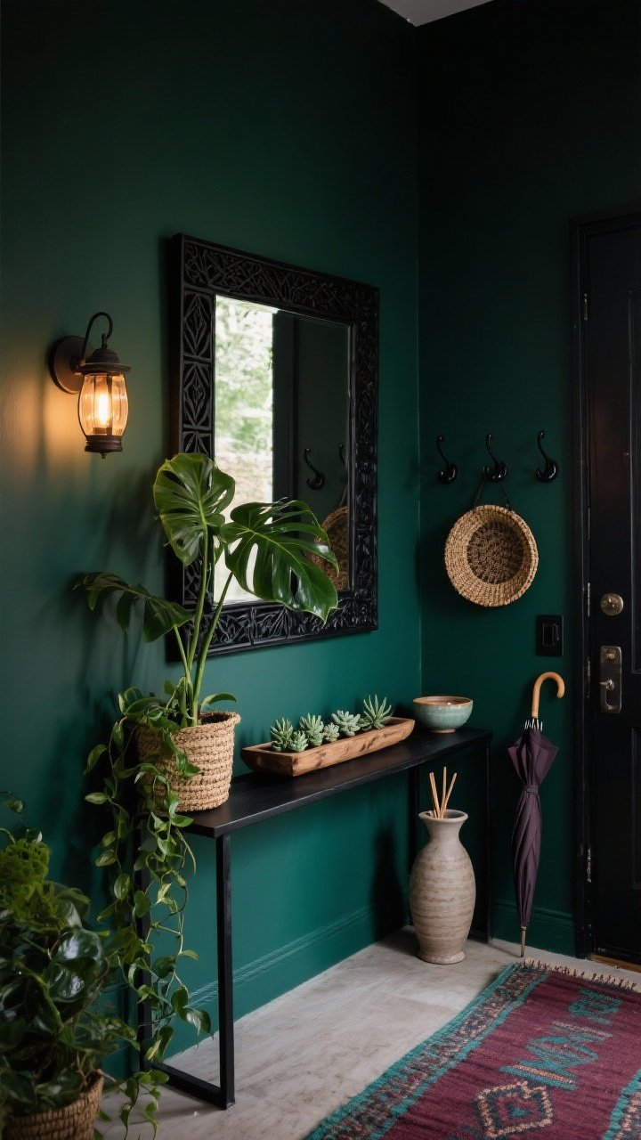 Medium shot from a corner angle: A Moody Plant-Filled Entryway with deep inky green walls and a narrow blackened metal console centered under a Black Bohemian Mirror. Lantern sconce casts a warm dimmable glow that reflects in the mirror. Vertical plant styling: trailing pothos cascading off the console, tall monstera in a seagrass basket, tiny succulents lined up on a reclaimed wood tray. Vintage runner in faded burgundy and teal leads into the scene. Matte black hooks on the wall, woven catchall on console, ceramic umbrella stand near the door, small bowl of palo santo. Low-light, moody ambiance.