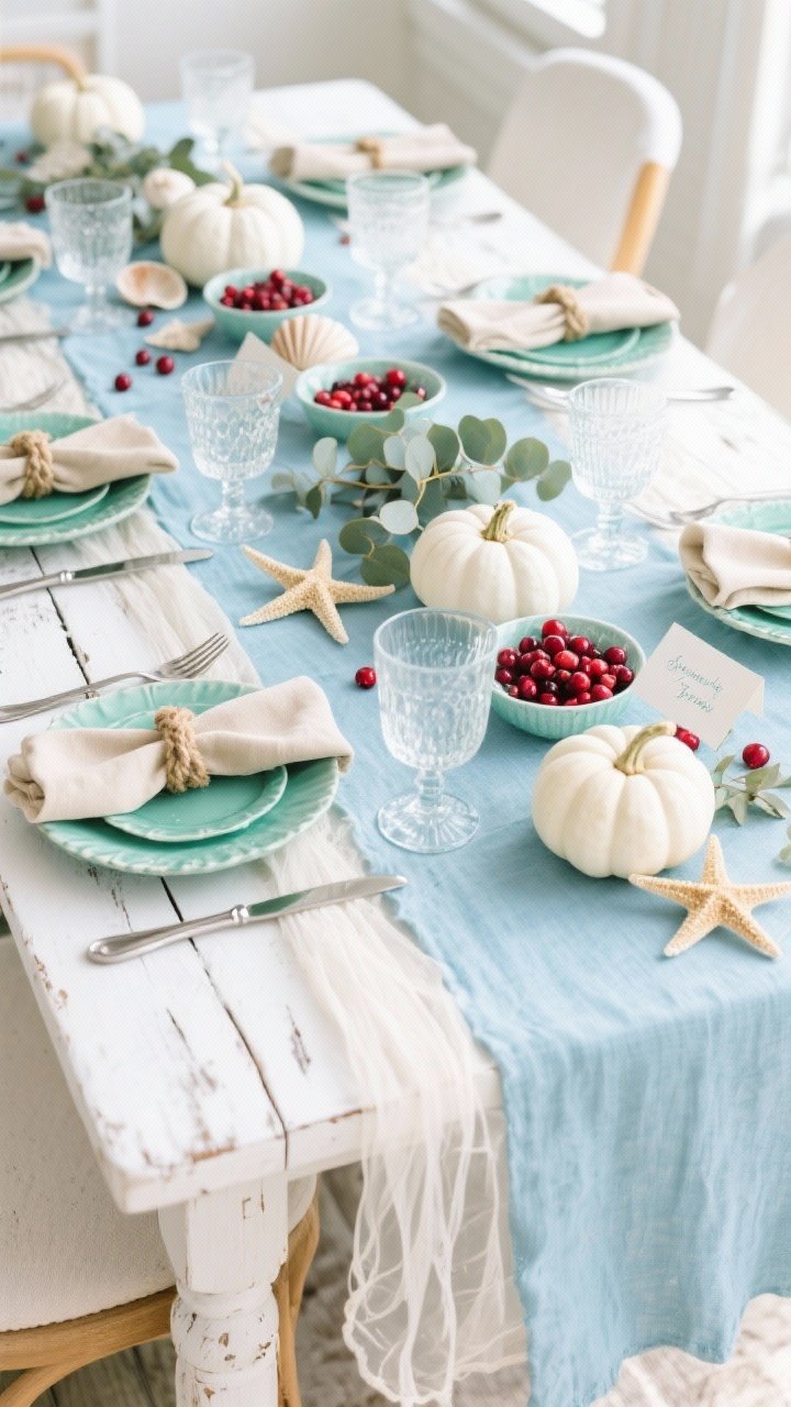 Medium shot from a corner angle, Coastal Cranberry Breeze tablescape: soft blue linen runner over a white or driftwood table, sea-glass green plates, sandy beige napkins with rope-wrapped napkin rings, brushed nickel flatware, clear subtly textured glassware, cool palette of seafoam, sky blue, sand, white with pops of cranberry red, centerpiece scatter of white pumpkins, dried starfish, eucalyptus, and small bowls filled with cranberries tucked between, shell place cards, airy gauze runners layered for movement, bright coastal daylight, crisp and fresh, no people, photorealistic.