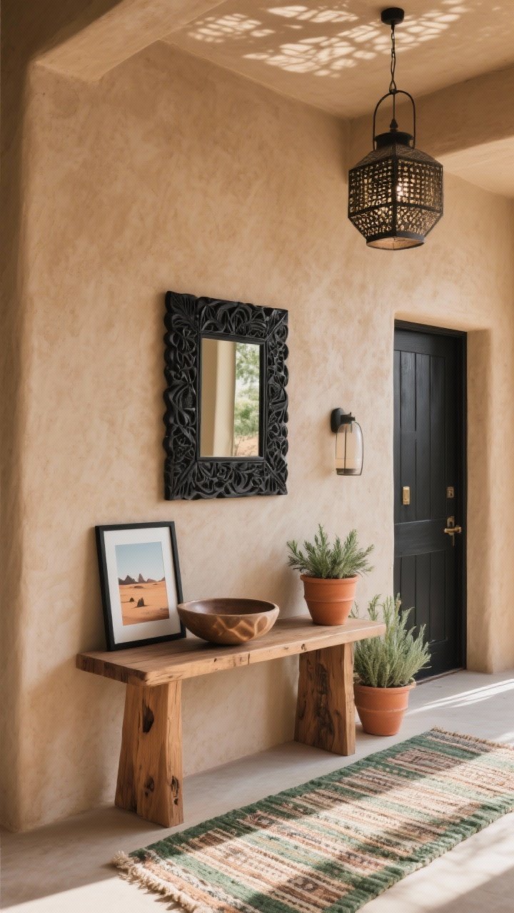 Medium shot from a slight corner angle: A modern desert entryway with clay-plaster walls in a sandy undertone and a reclaimed wood console with clean lines. The Black Carved Wood Mirror hangs above, its texture popping against the matte plaster. A flat-woven kilim runner leads from the door; terracotta planters with sage greenery sit beside the console. An iron lantern pendant overhead casts patterned shadows. On the console: a sculptural shallow ceramic catchall bowl and a desert art print in a thin black frame leaning against the wall. Palette: sand, terracotta, matte black, sage green. Warm, sunlit, photorealistic.