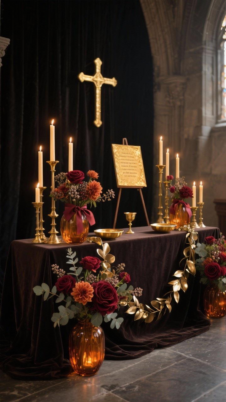 Medium shot from a slight corner angle of a Cathedral Amber Glow altar: deep charcoal/espresso altar cloth backdrop; a flowing line of mixed-height brass candlesticks with golden taper candles; amber glass vases holding low, full arrangements of burgundy dahlias, rust roses, and seeded eucalyptus; metallic leaf garland winding between the candles; gold-rimmed communion dishes subtly placed; velvet ribbon tied around vases; a single illuminated cross or a small easel with a gold-leaf scripture verse centered behind. Lighting feels like candlelit reverence, glowing amber highlights against charcoal. Color palette: charcoal, gold, amber, burgundy. Photorealistic, quietly dramatic, sacred.