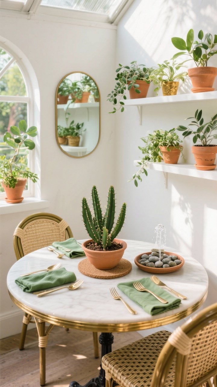 Medium shot, Greenhouse-Glow Dining Nook: A sunlit corner dining nook with a round bistro table in antique brass and rattan café chairs, backed by a crisp white wall with floating shelves filled with leafy plants. Fresh botanical palette of olive, eucalyptus, and warm terracotta accents. The Christmas cactus is the centerpiece in a shallow clay bowl set on a cork trivet atop the table, with a tray of pebble stones for bottom-watering on dry days and a small tabletop fountain adding a whisper of humidity. Layered terracotta planters, brass cutlery, and green linen napkins create a cozy garden-supper vibe. An arched mirror on the wall bounces light back without direct glare. Photorealistic, luminous indirect daylight, corner angle capturing table, chairs, shelves, and mirror.