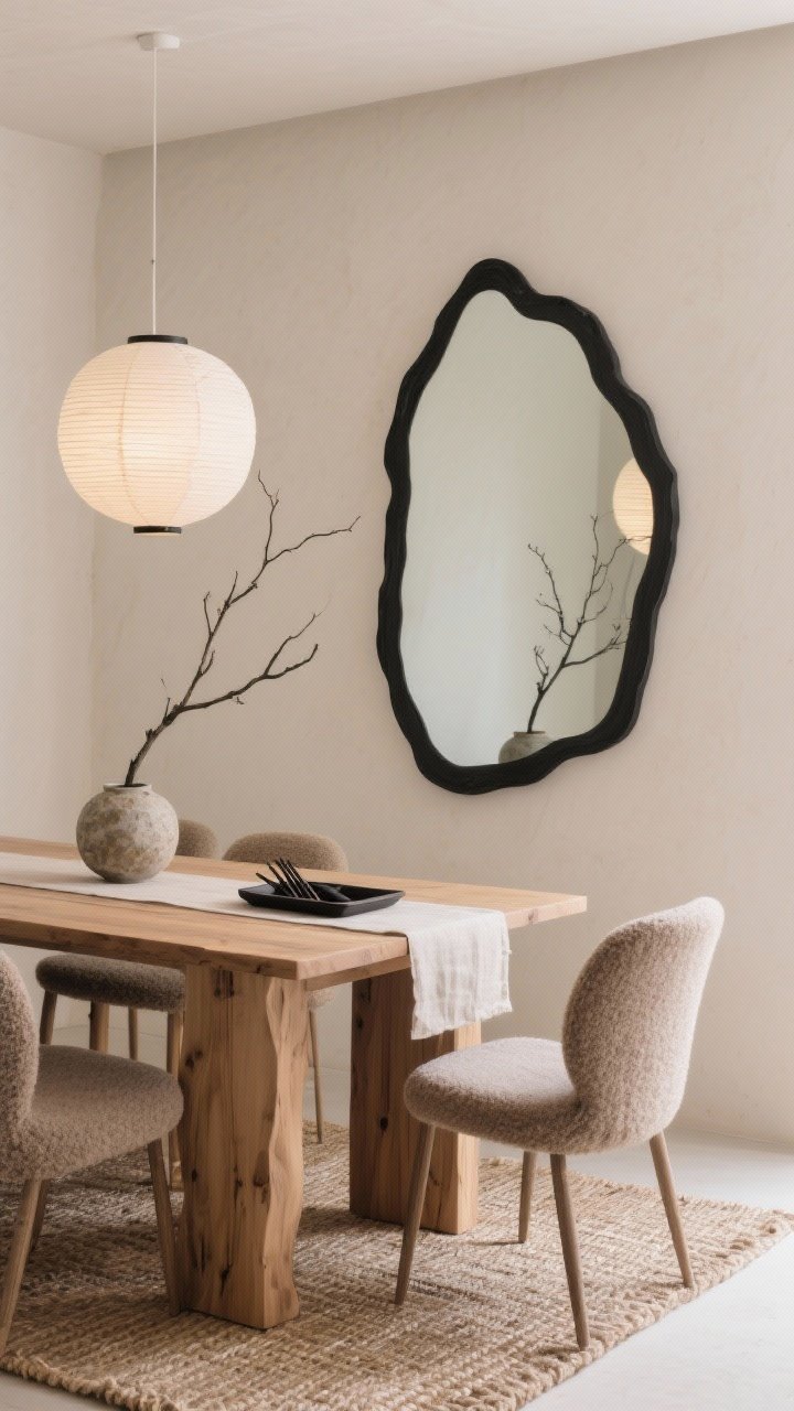 Medium shot, Japandi Calm dining vignette: a large organic, irregular-shaped mirror with a slim black frame mounted off-center on a smooth plaster wall; reflected in the mirror, a single branch in a stone vase; light oak plank table on chunky legs with a linen runner, paired with low, curved taupe bouclé chairs; simple paper lantern overhead casting airy, diffuse light; flatweave jute rug underfoot; accents of textured ceramics and matte black chopsticks in a shallow tray; color palette sand, clay, soft black, pale oak; calm minimalist mood, corner angle.