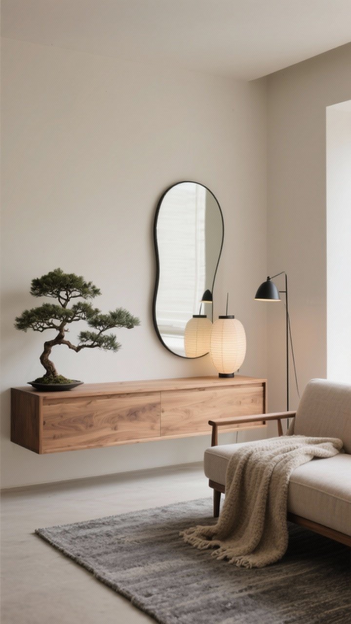 Medium shot, Japandi calm vignette: a low-profile, wide ribbon mirror with thin frame and gently rounded corners mounted horizontally above a floating oak console; soft oak furniture, a low sofa with slim arms in mushroom fabric, tactile bouclé throw, flat-weave rug in stone gray; bonsai or olive tree adding subtle life; minimal lighting with a paper lantern pendant and a slim black floor lamp balancing the mirror’s curves; palette of sand, mushroom, charcoal, oak; serene mood, photorealistic, corner angle.