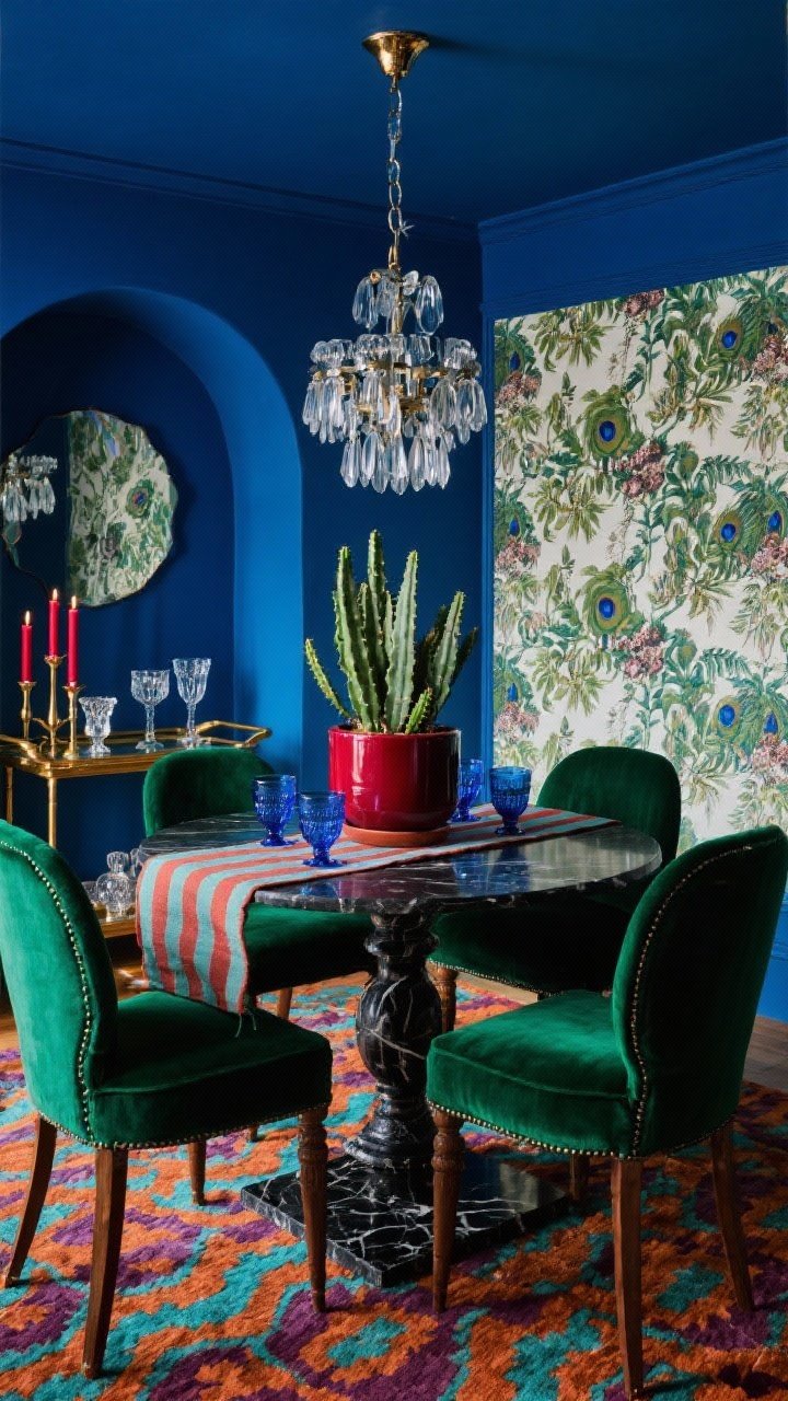 Medium shot, Jewel-Tone Maximalist Dining Nook: a bold niche painted peacock blue with a vintage pedestal table surrounded by emerald velvet chairs; Holiday Cactus in a lacquered burgundy pot elevated on a black marble riser as the centerpiece; one wall with botanical wallpaper, striped table runner, cobalt glass tumblers, and a brass bar cart with cut crystal and ruby-toned taper candles; smoked glass chandelier overhead; patterned flatweave rug in rust, teal, and plum; saturated jewel tones, layered patterns, dramatic evening ambiance.