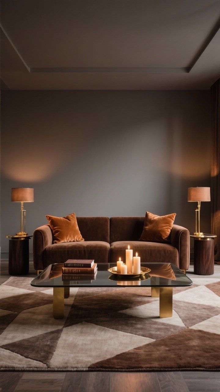 Medium shot, modern luxe seating area: cocoa velvet sofa with tailored lines; smoked glass coffee table reflecting light; low-pile geometric rug in taupe and milk chocolate; symmetrical pair of dark walnut side tables; brushed brass floor lamps framing the sofa; velvet pillows in caramel; a couple of leather-bound books on the table; tray of pillar candles in varying heights glowing warmly; palette cocoa, caramel, brass, smoke; evening moody lighting, photorealistic.