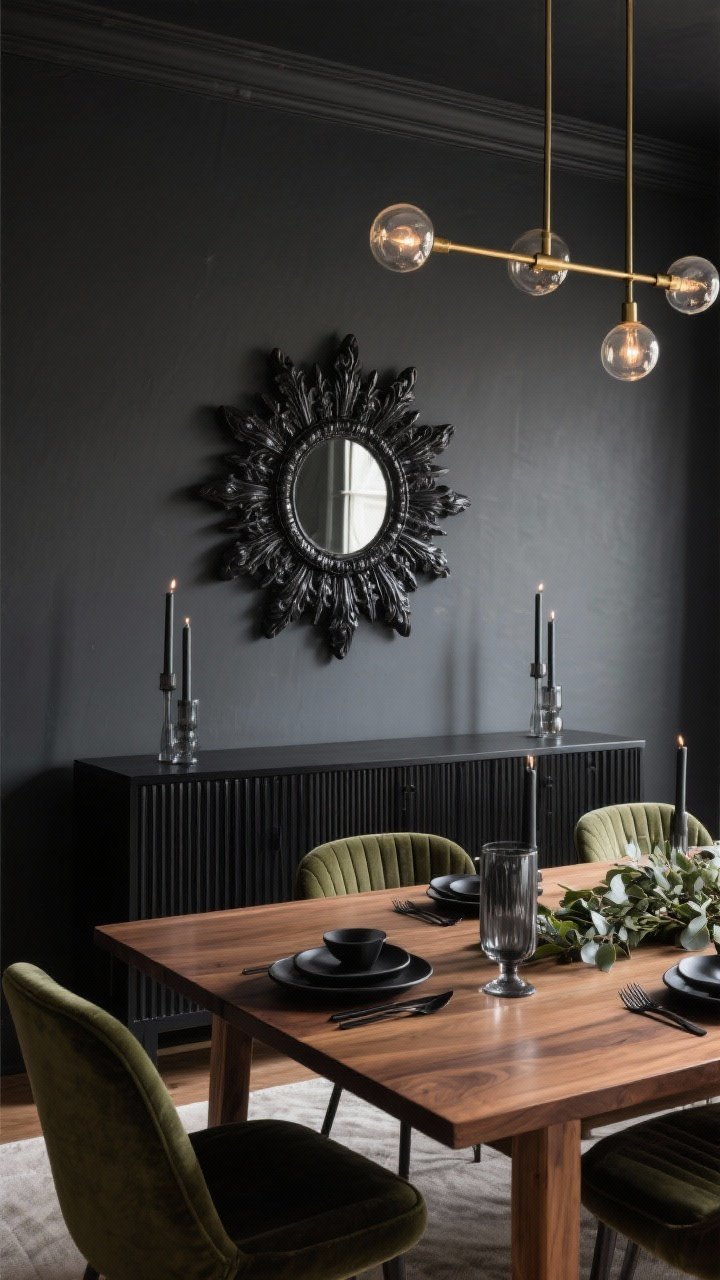 Medium shot, moody dining room: Charcoal-painted walls with an ebony-finished carved sunburst mirror centered above a ribbed-front black credenza. A long warm-oak Parsons-style dining table with deep olive velvet shell chairs around it; smoked-glass candleholders catching glimmers on the tabletop. Linear brass chandelier with globe bulbs provides a warm glow; low eucalyptus garland and matte-black flatware set the scene. Palette of charcoal, black, olive, warm oak, smoked glass. Photorealistic, straight-on view.