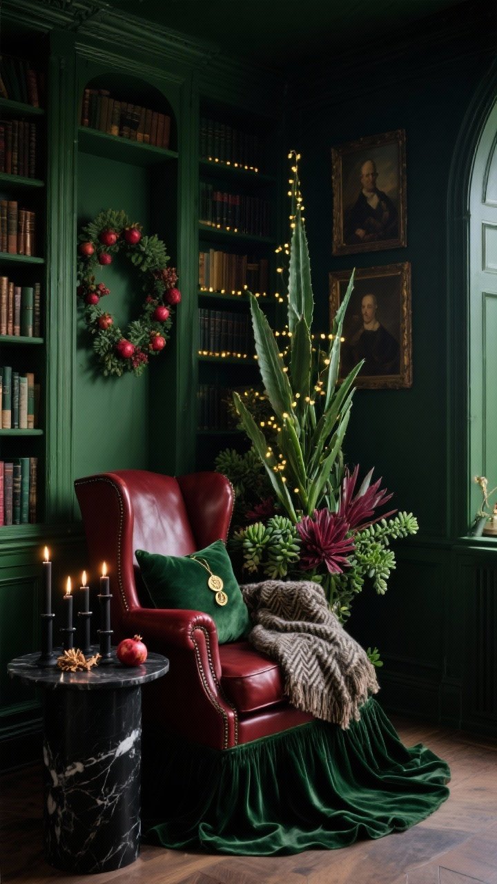 Medium shot, Moody Library Nook With Gothic Green Drama: dark, enveloping space with built-in bookcases painted forest green, an oxblood leather wingback chair, black marble side table; the Succulent Christmas Tree as a botanical sculpture with deep emerald crassula, tall sansevieria blades, burgundy-tipped succulents; dim gold micro-lights for candlelit glow; velvet cushion, wool herringbone throw, brass bookmark ornaments, dried pomegranate garland, vintage oil portraits; inky green velvet tree skirt pooling at the base; a small cluster of black taper candles; low, atmospheric lighting from the side.