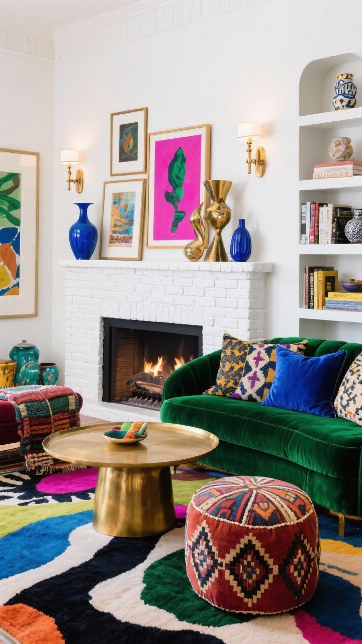 Medium shot of a bold eclectic scene where the white brick fireplace is a crisp backdrop for saturated artwork and sculptural mantel styling. Mantel layered with frames, sculptural vases, and a pair of statement sconces. In front: jewel-toned velvet sofa in emerald or sapphire; mixed-pattern pillows; abstract rug with dynamic color. Round brass coffee table with a vintage kilim pouf nearby. Open shelves showing art books and quirky ceramics. Palette: white base with saturated blues, greens, magenta pops; textures of velvet, brass, lacquer, handwoven textiles. Even gallery lighting, photorealistic, corner perspective.