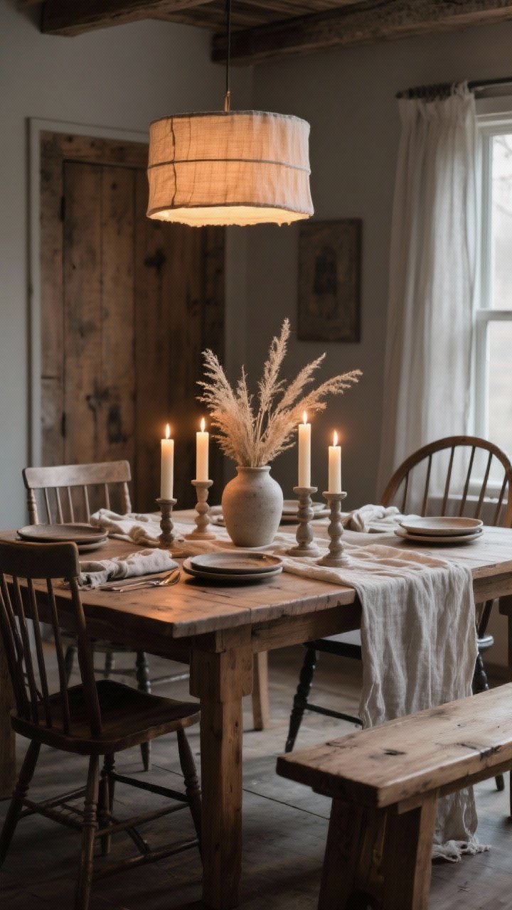 Medium shot of a candlelit dining room featuring a solid oak farmhouse table with a mix of spindle-back chairs and a wood bench, gauzy flax linen runner with pillar candles at varied heights, stoneware candlesticks, hand-thrown plates and textured napkins, dried grasses in a simple vase; overhead linen drum pendant casting a soft glow; honeyed wood, fog gray, flax linen tones; cozy evening mood.