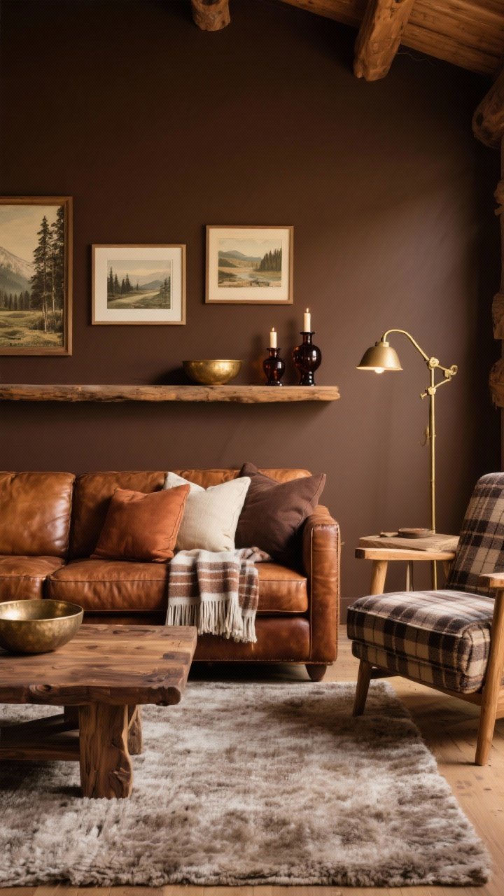 Medium shot of a cozy cabin-inspired seating area: cocoa brown accent wall behind a caramel leather sofa with rich patina; chunky walnut coffee table, plaid-upholstered accent chair to one side, brass swing-arm sconces casting warm soft lighting; nubby taupe wool rug, checked throw blankets, pillows in cinnamon, cream, and espresso; gallery ledge with vintage landscape prints, hammered brass bowls, and dark amber glass candle holders; overall warm, polished lodge vibe, photorealistic.