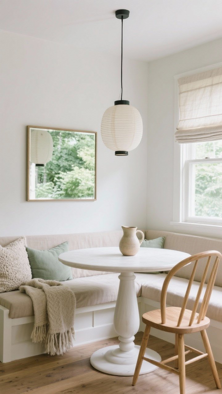Medium shot of a Scandinavian dining nook: a frameless square mirror floating above a built-in banquette wrapped in oatmeal linen. A round white-oak pedestal table sits centered, with light oak spindle-back chairs. Accents include a boucle cushion, a ceramic pitcher on the table, a wool throw casually draped on the bench. A linen roman shade filters daylight; a paper lantern pendant hangs above. Soft white, light oak, oatmeal, sage accents, with the mirror reflecting lush greenery outside. Airy, clean silhouettes, photorealistic.