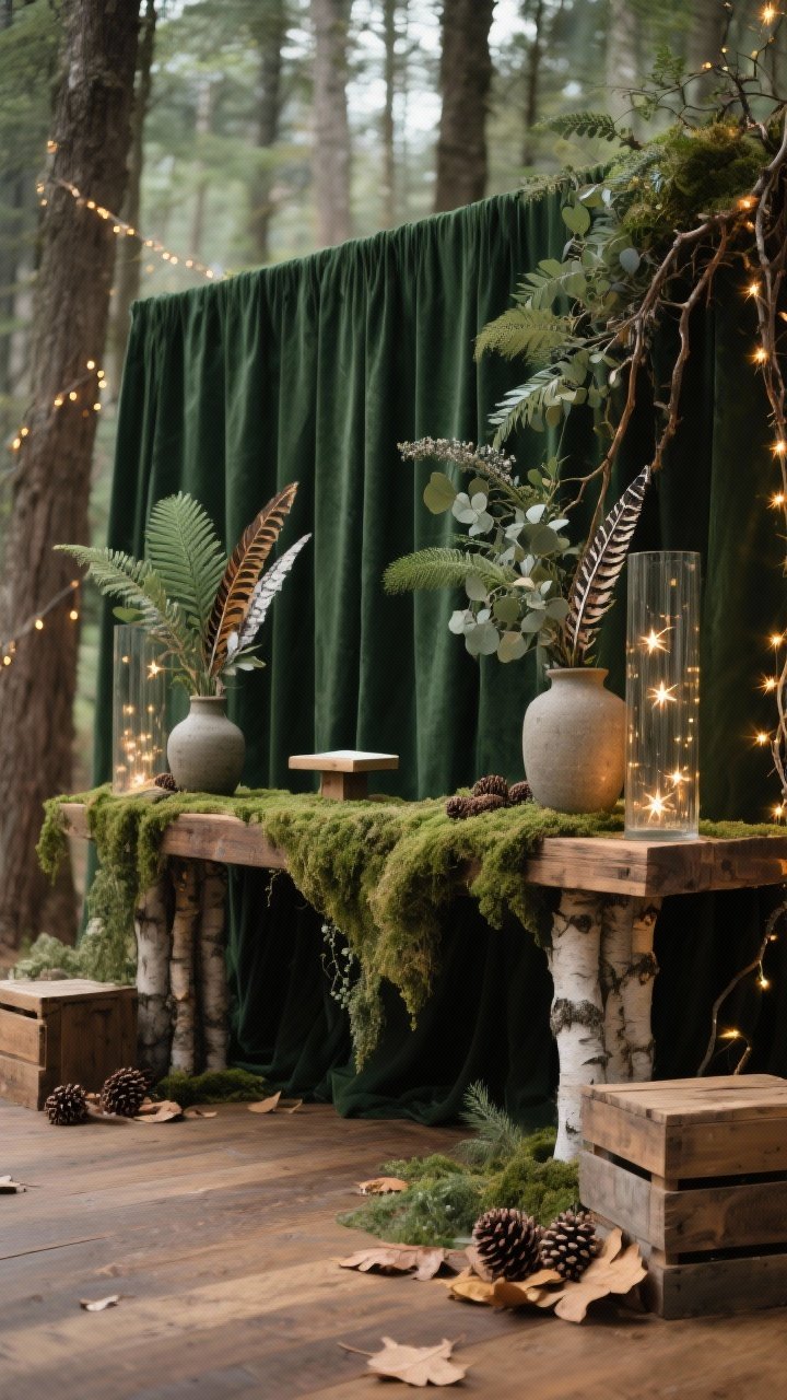 Medium shot of altar, “Woodland Psalms Retreat”: backdrop of deep pine green fabric panels; reclaimed wood console draped with a lush moss runner; asymmetrical clusters of ferns, seeded eucalyptus, and pheasant feathers in stoneware vessels for texture and movement; warm micro-string lights woven through branches inside tall glass cylinders, giving starlight-through-trees ambiance; floor decor includes low wooden crates with pinecones and dried leaves in muted tones; subtle sense of cedar and clove suggested; contemplative forest-cathedral mood, mossy and birch textures present, photorealistic, eye-level with soft warm glow
