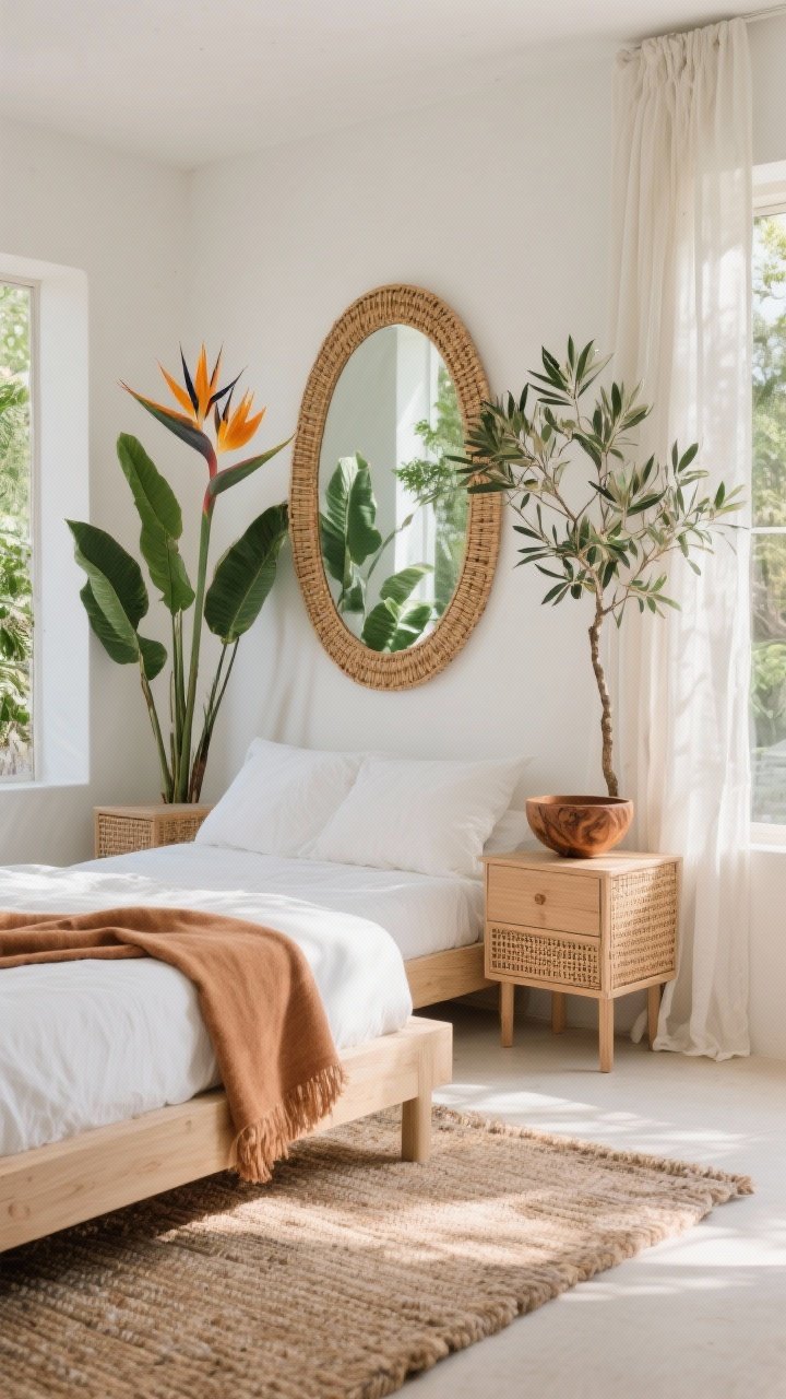 Medium shot, organic modern vignette: a rattan-trimmed arched mirror positioned to capture natural light and lush greenery; flanked by tall plants (bird of paradise or olive tree) forming a mini atrium feel; simple light-wood bed with crisp white bedding and a clay-colored throw; cane nightstands, minimalist dresser in view; textured wool rug, airy linen curtains, a carved wood bowl on the nightstand; palette of white, clay, caramel, leafy green; sun-warmed, tactile, casually sculptural, photorealistic.