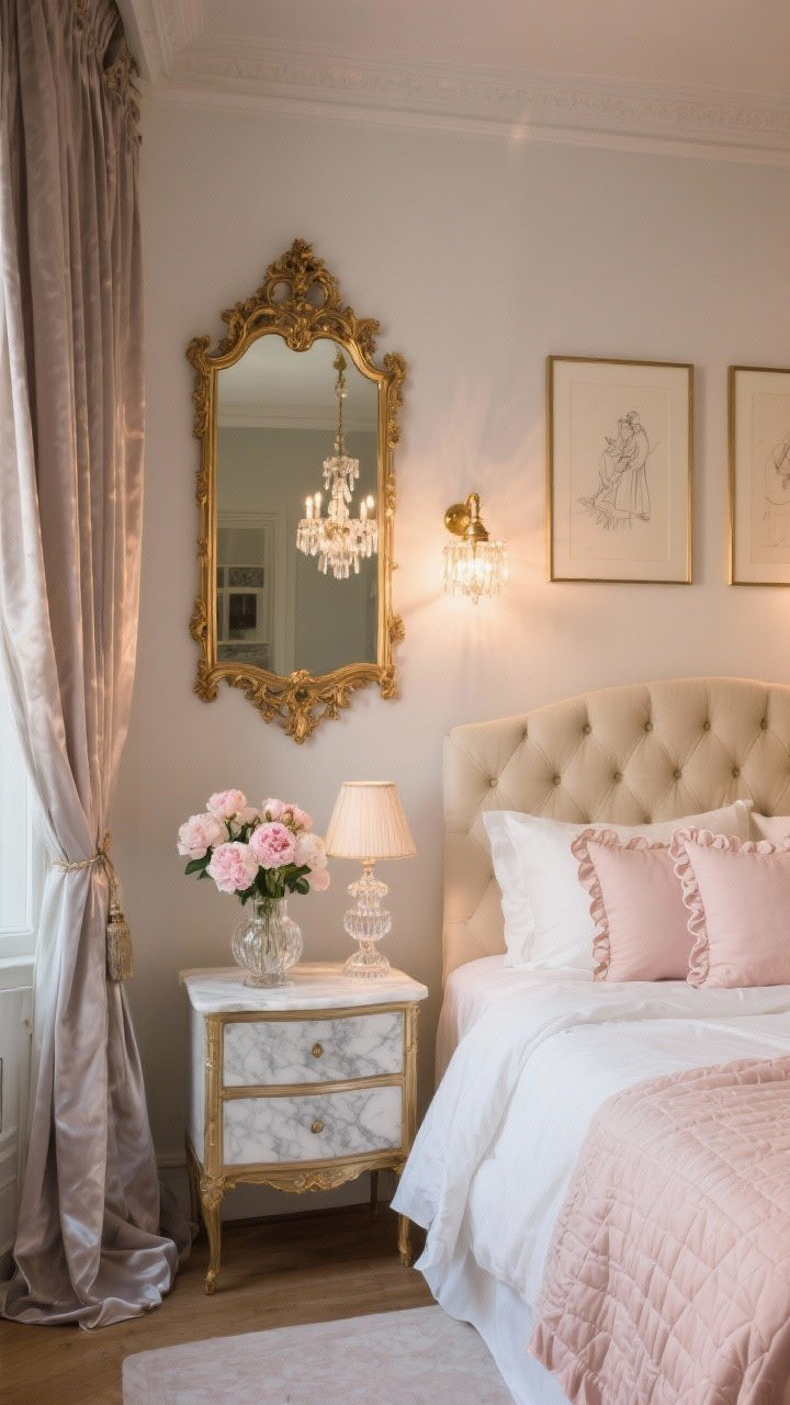 Medium shot, Parisian glam corner: an antique-style gilded leaner mirror with ornate carved details resting against the wall, catching the sparkle of a petite chandelier; bed dressed in layered neutrals—ivory linen duvet, pale blush quilt, scalloped pillow shams—and a tufted oatmeal headboard; marble-topped nightstand with a crystal lamp and a vase of peonies; delicate brass picture lights above framed sketches; silk curtains pooling slightly on the floor; palette of ivory, blush, soft taupe, antique gold; warm evening glow, romantic old-world charm, photorealistic.