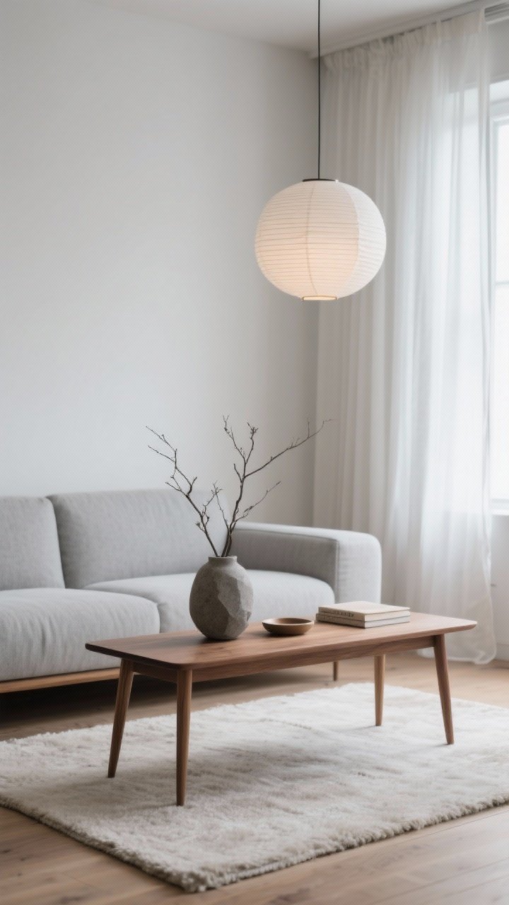 Medium shot, Scandinavian minimalism: a slim, low-profile warm walnut coffee table on a pale wool rug, facing a light gray sofa with tapered oak legs. Minimal styling: single matte stone vase with branching twigs, small ceramic tray, linen-covered book. Soft, tonal palette of warm woods, foggy grays, and off-white with plenty of negative space. Sheer curtains diffusing gentle daylight, simple paper lantern overhead. Clean straight-on composition, calm and intentional, photorealistic.
