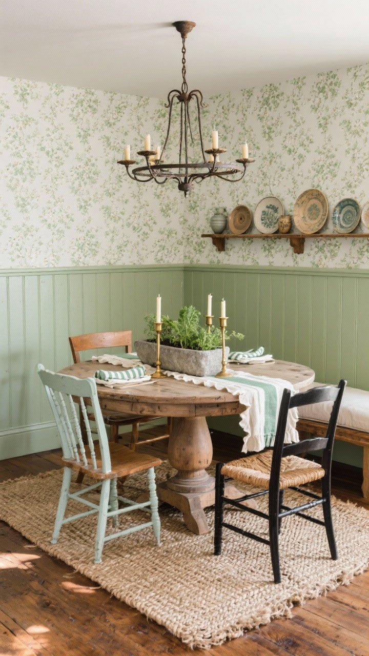 Medium shot, straight-on dining vignette: A garden-fresh dining room with a round pedestal table in weathered oak surrounded by mismatched dining chairs—two painted spindle-back, two rush-seat—and a cushioned bench. Overhead hangs a forged-iron chandelier with candle bulbs. Walls feature soft sage paint or micro-floral wallpaper on the upper half with beadboard wainscoting below. Centerpiece: a stone trough planted with herbs and stubby brass candlesticks. Oiled oak floors with a braided jute rug beneath. A narrow plate rail displays hand-thrown ceramics. Textiles: ruffled linen table runner and striped napkins. Colors: sage, cream, warm oak, soot black. Daylight with gentle shadows.
