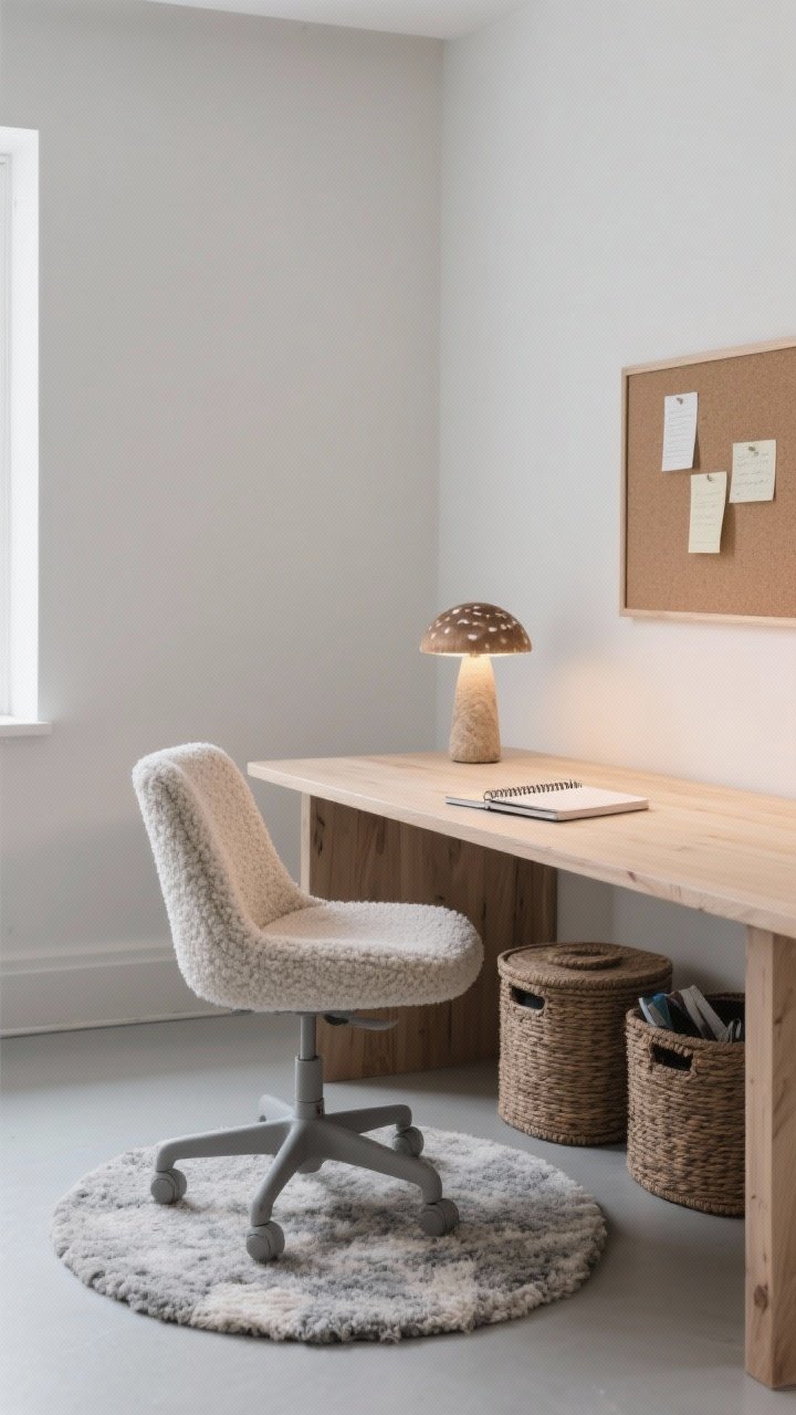 Medium shot workspace: light ash desk with rounded corners, cushioned boucle task chair, small wool rug underfoot, lidded baskets tucked beneath the desk for clutter, a single cork pinboard with minimal notes, a mushroom table lamp casting a mellow pool of light over a notebook; palette of ash, pebble gray, bone white; soft task lighting, calm minimal mood.