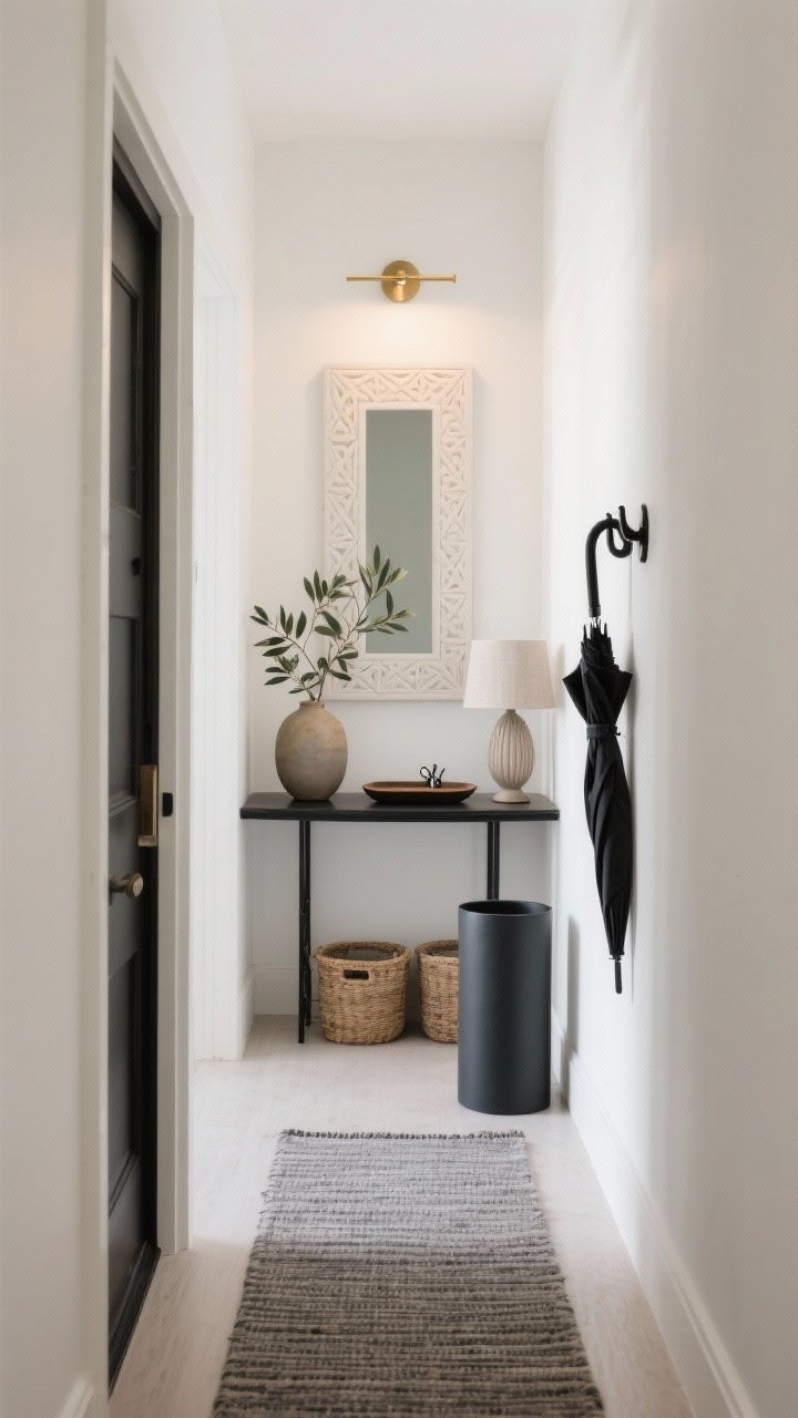 Medium, straight-on modern minimalist entryway: narrow hallway painted soft warm white; slim rectangular carved mirror with subtle geometric carvings above a sleek black console; styling kept razor-sharp—single ceramic vase with olive branches, shallow tray for keys, sculptural table lamp with linen shade; flatweave runner in graphite; matte black hooks for coats, low-profile umbrella stand; minimalist brass sconce above the mirror casting a soft glow; slim baskets tucked under the console; serene, intentional mood; photorealistic.