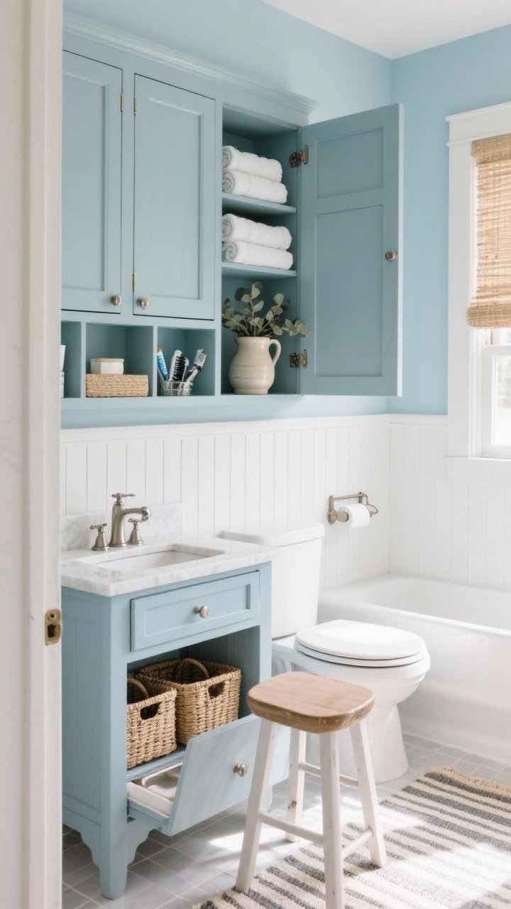 Medium, three-quarter view from doorway: Coastal cottage bathroom with white beadboard up to a chair rail and soft sky-blue paint above; a custom built-in over the toilet featuring shaker doors on top and open middle shelves displaying rolled towels and a ceramic pitcher with eucalyptus; a compact soft-blue shaker vanity with white quartz top and brushed nickel faucet, cup pulls visible; vanity door ajar to show a mounted pantry-style rack with extra soap and toothpaste and interior pull-out trays for hair tools; wicker baskets for toilet paper on the lower shelf; a narrow stool with a lift-up lid near the tub; a cabinet-depth mirror slightly swung open to reveal hidden cubbies; sandy beige accents, woven shades, and a striped cotton rug in sunlit, breezy lighting.