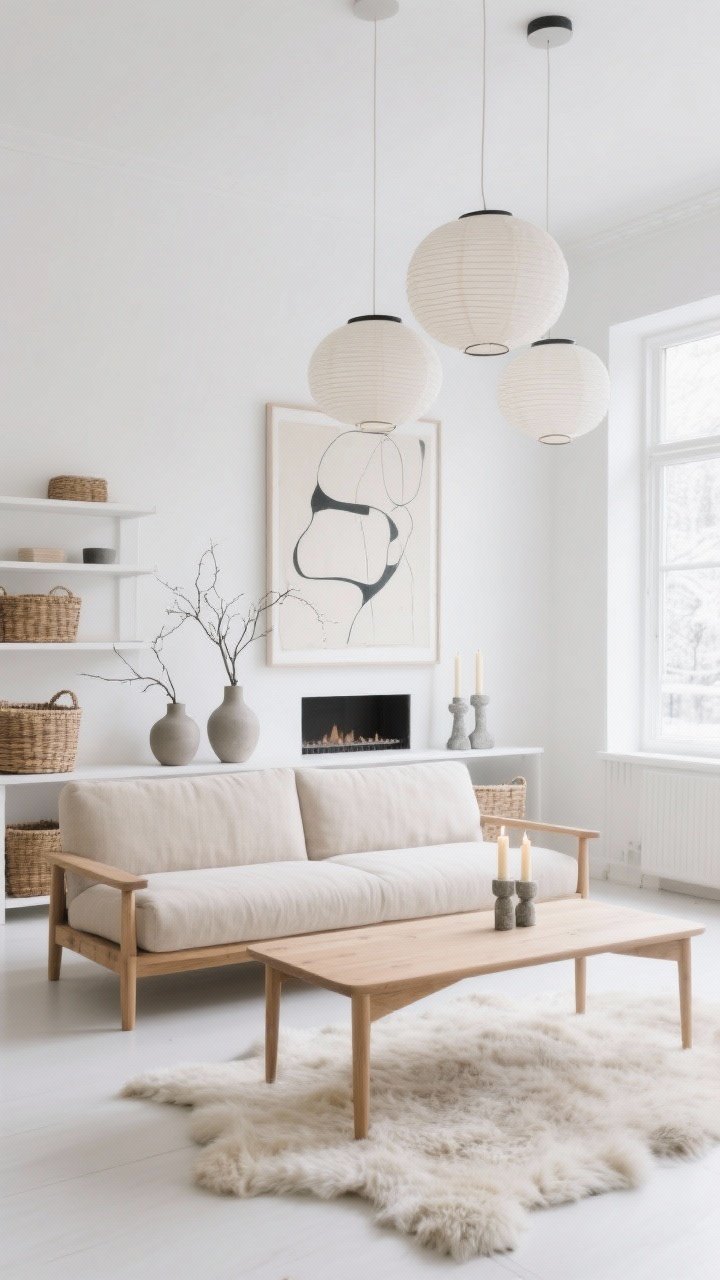Medium-wide, bright Nordic minimal living room, straight-on: low-profile oak wood frame sofa upholstered in oatmeal linen; slender light oak coffee table; crisp white walls; cloud-soft sheepskin rug layered underfoot; trio of paper lantern pendants floating overhead; matte ceramic vases with bare branches; open shelving with woven baskets; a single oversized abstract artwork anchoring the scene; taper candles in stone holders on the mantle; palette white, oat, pale oak, soft gray; soft winter daylight.